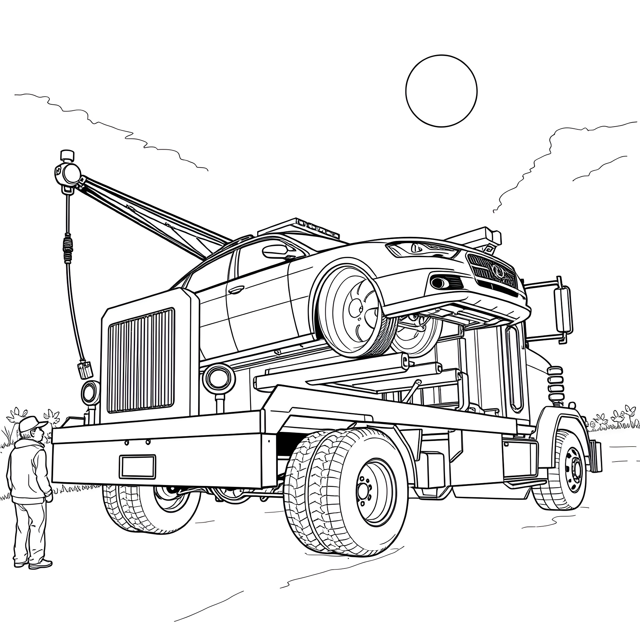 Tow Truck Rescuing Stranded Vehicle in the Countryside Coloring Page (free black-and-white line drawing printable PDF for all, from beginners to advanced learners, including children, teens, adults, and seniors)