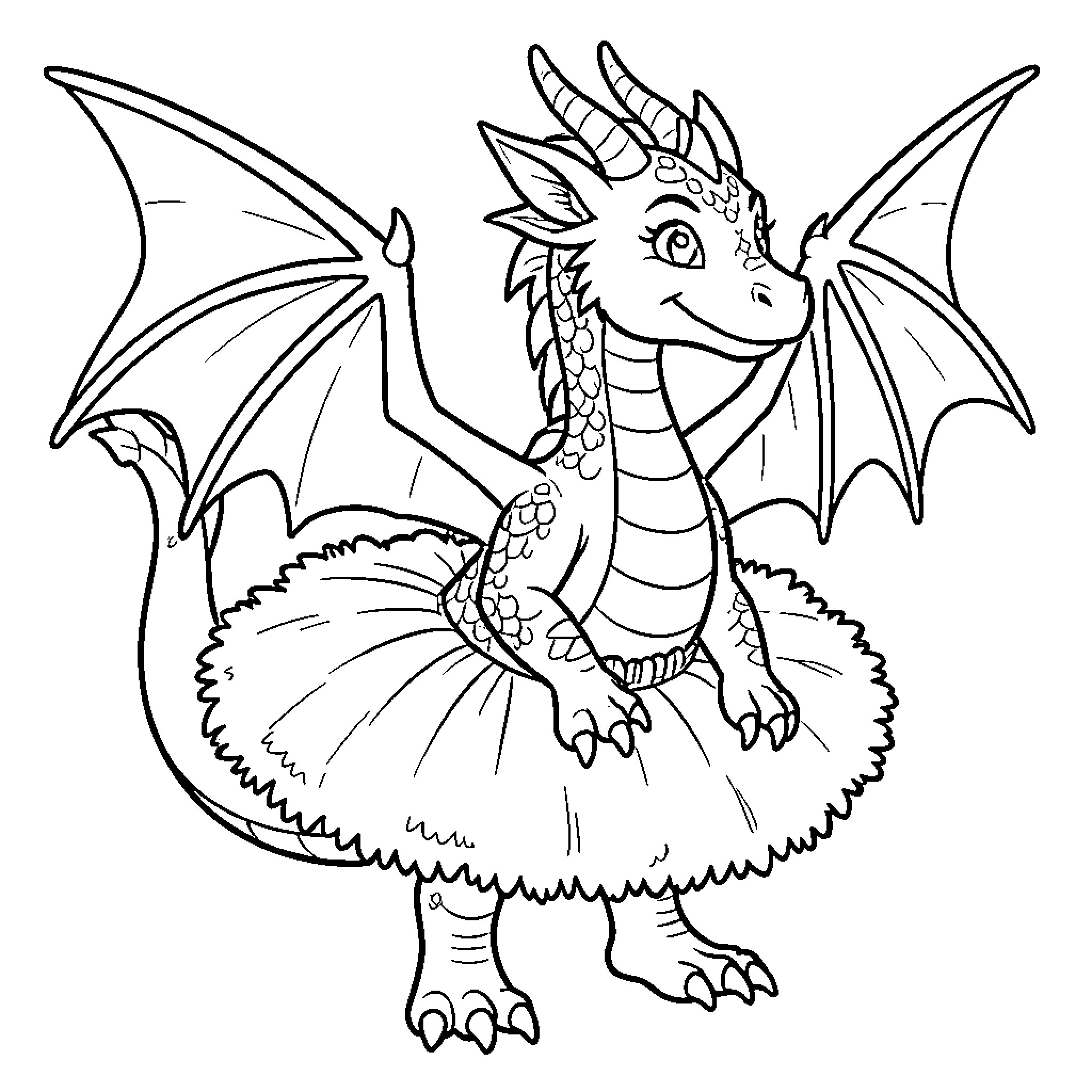 Dragon playing happily with feathers in the meadow Coloring Page (free black-and-white line drawing printable PDF for all, from beginners to advanced learners, including children, teens, adults, and seniors)