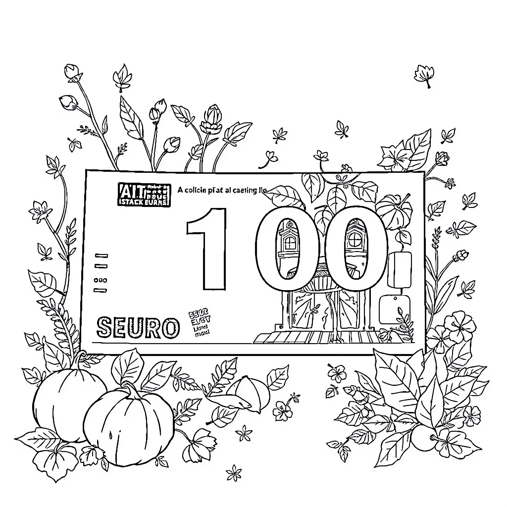 Defi 100 Euro Note in Autumn Foliage Coloring Page (free black-and-white line drawing printable PDF for all, from beginners to advanced learners, including children, teens, adults, and seniors)