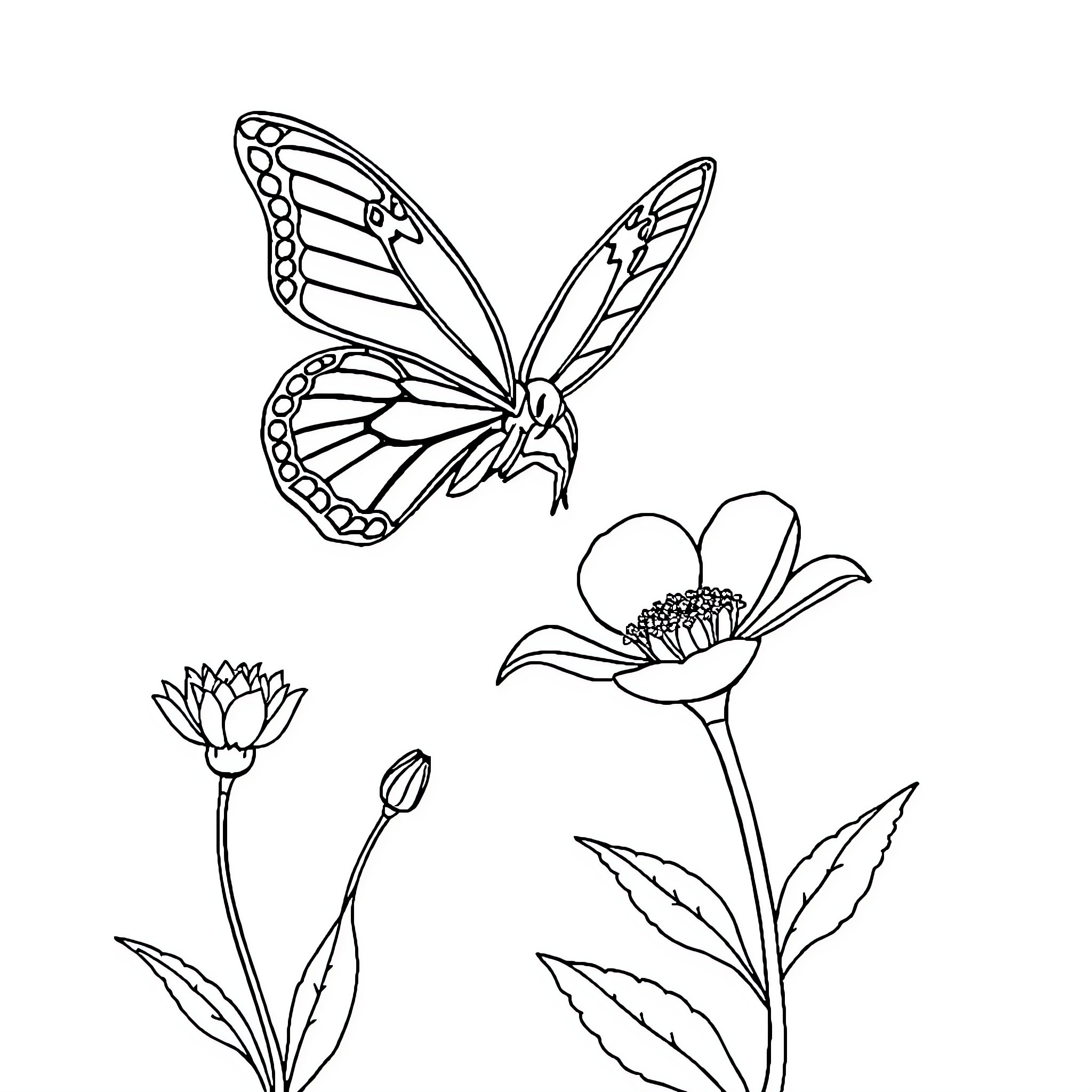 Butterfly in flight over flowers Coloring Page (free black-and-white line drawing printable PDF for all, from beginners to advanced learners, including children, teens, adults, and seniors)