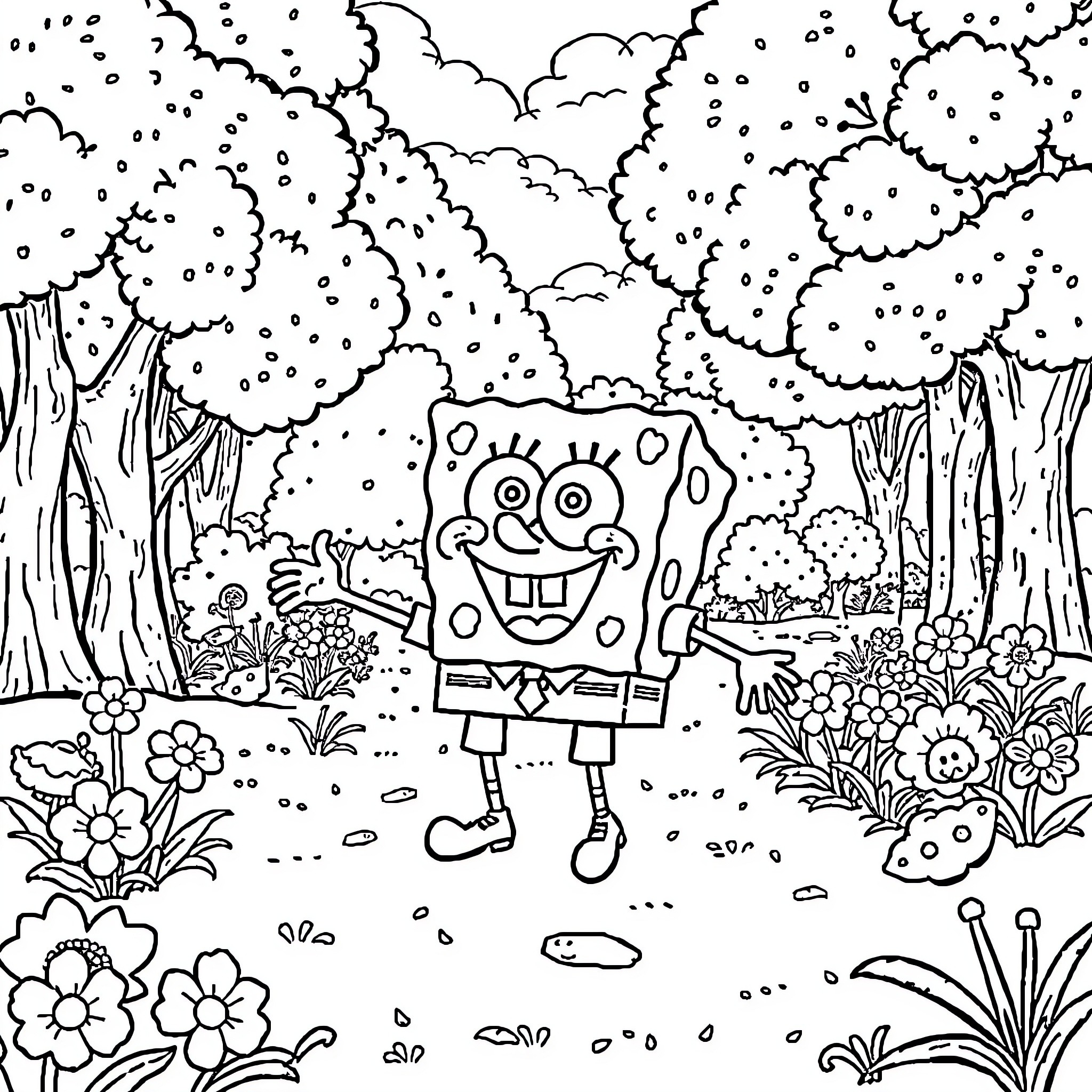 Spongebob happily exploring the enchanted forest Coloring Page (free black-and-white line drawing printable PDF for all, from beginners to advanced learners, including children, teens, adults, and seniors)