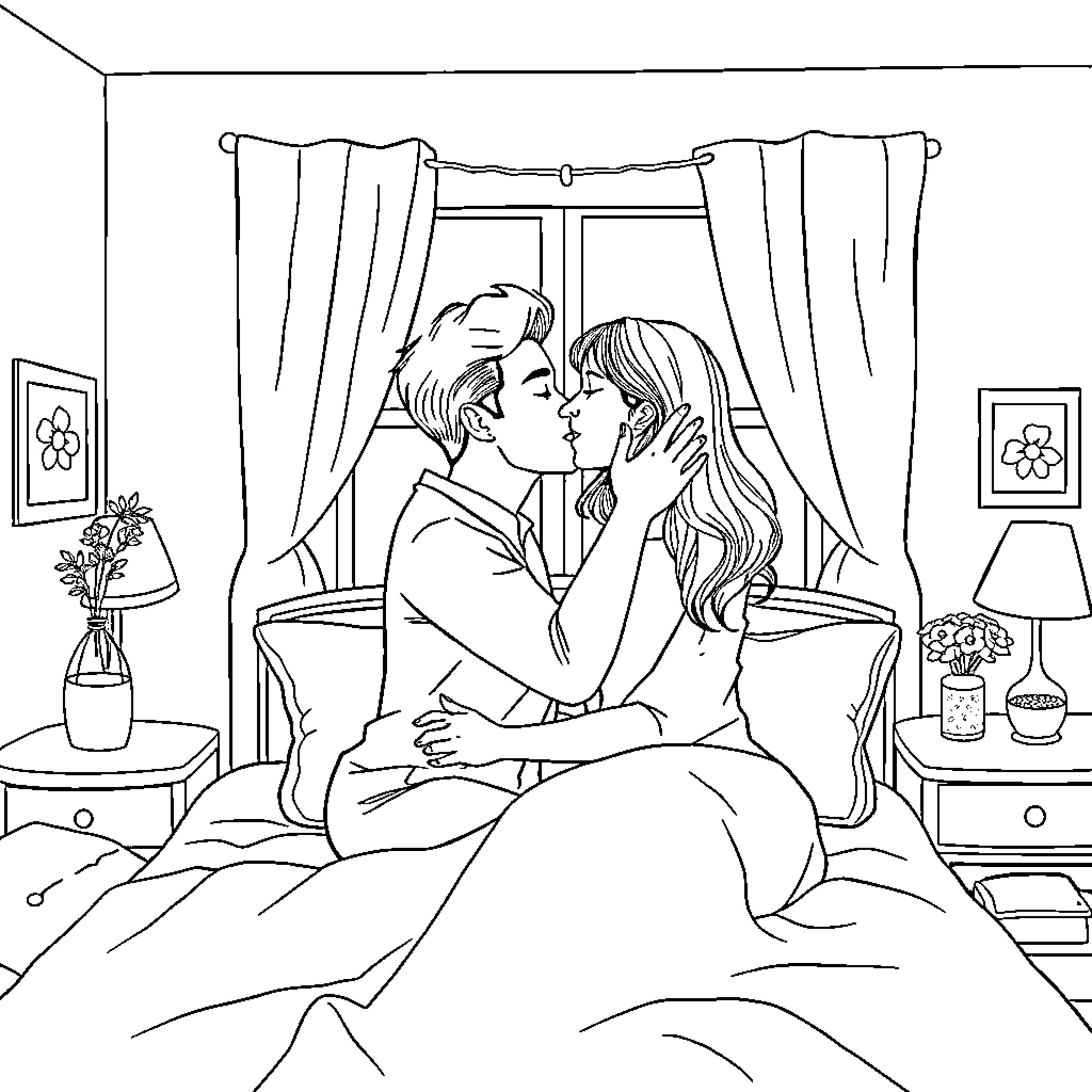 Couple sharing an intimate moment on the bed Coloring Page (free black-and-white line drawing printable PDF for all, from beginners to advanced learners, including children, teens, adults, and seniors)