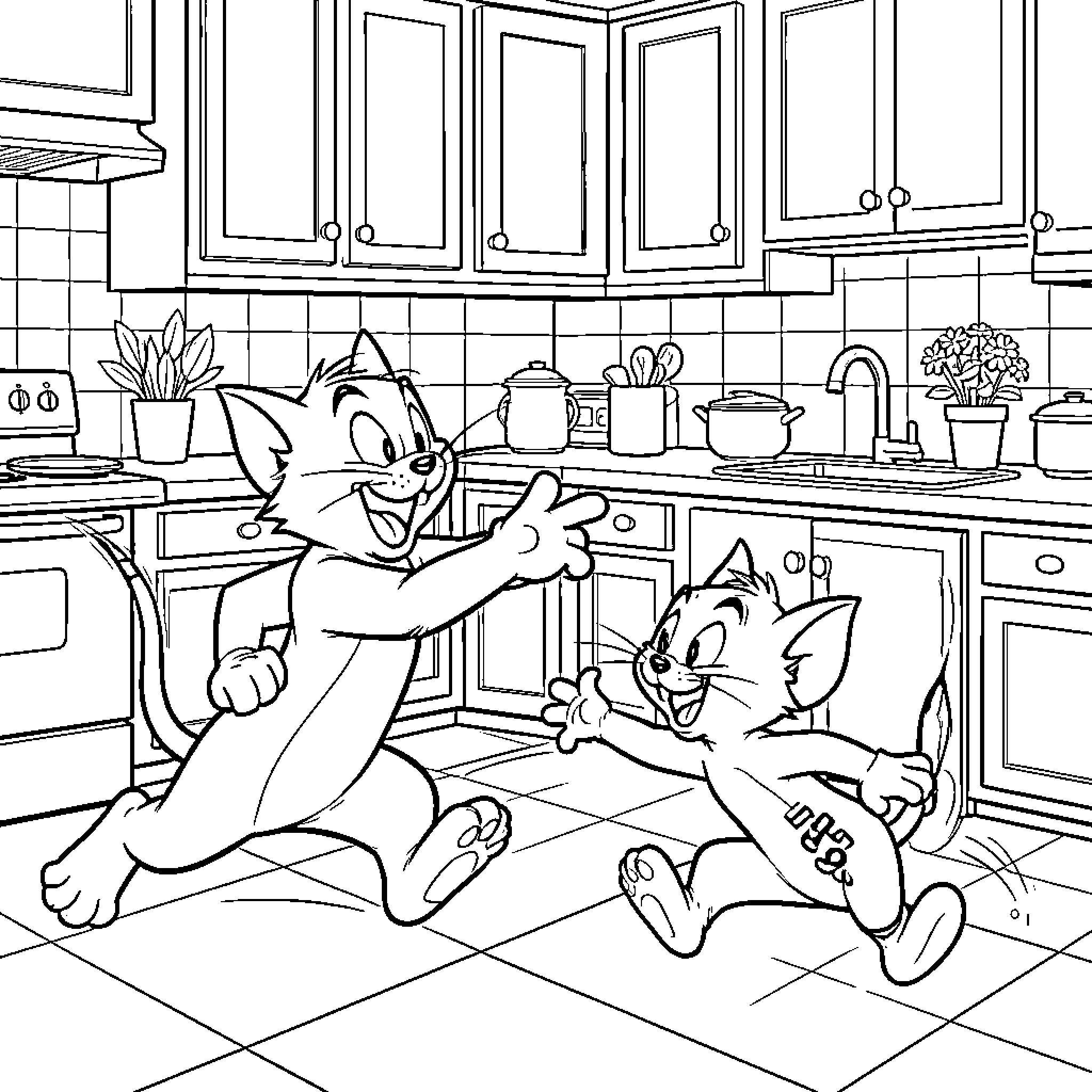 Tom and Jerry chasing each other through a kitchen Coloring Page (free black-and-white line drawing printable PDF for all, from beginners to advanced learners, including children, teens, adults, and seniors)