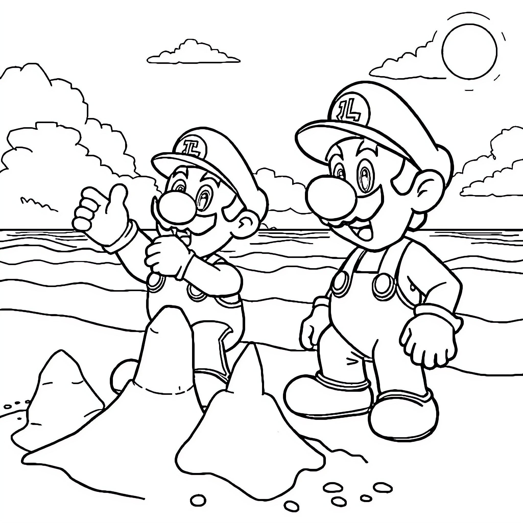 Super Mario Brothers Explore Beach Adventure Coloring Page (free black-and-white line drawing printable PDF for all, from beginners to advanced learners, including children, teens, adults, and seniors)