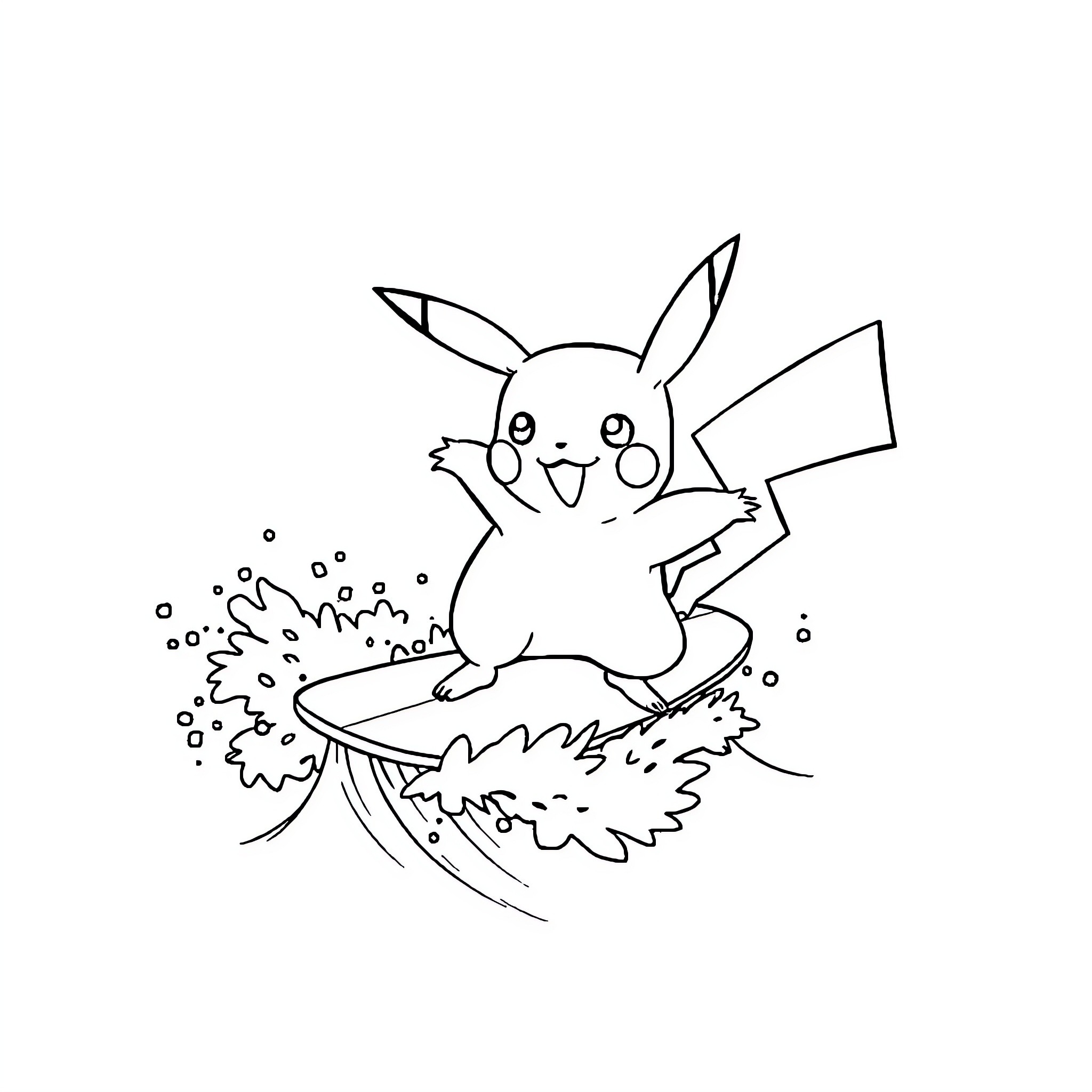 Pikachu splashing playfully in puddle Coloring Page (free black-and-white line drawing printable PDF for all, from beginners to advanced learners, including children, teens, adults, and seniors)