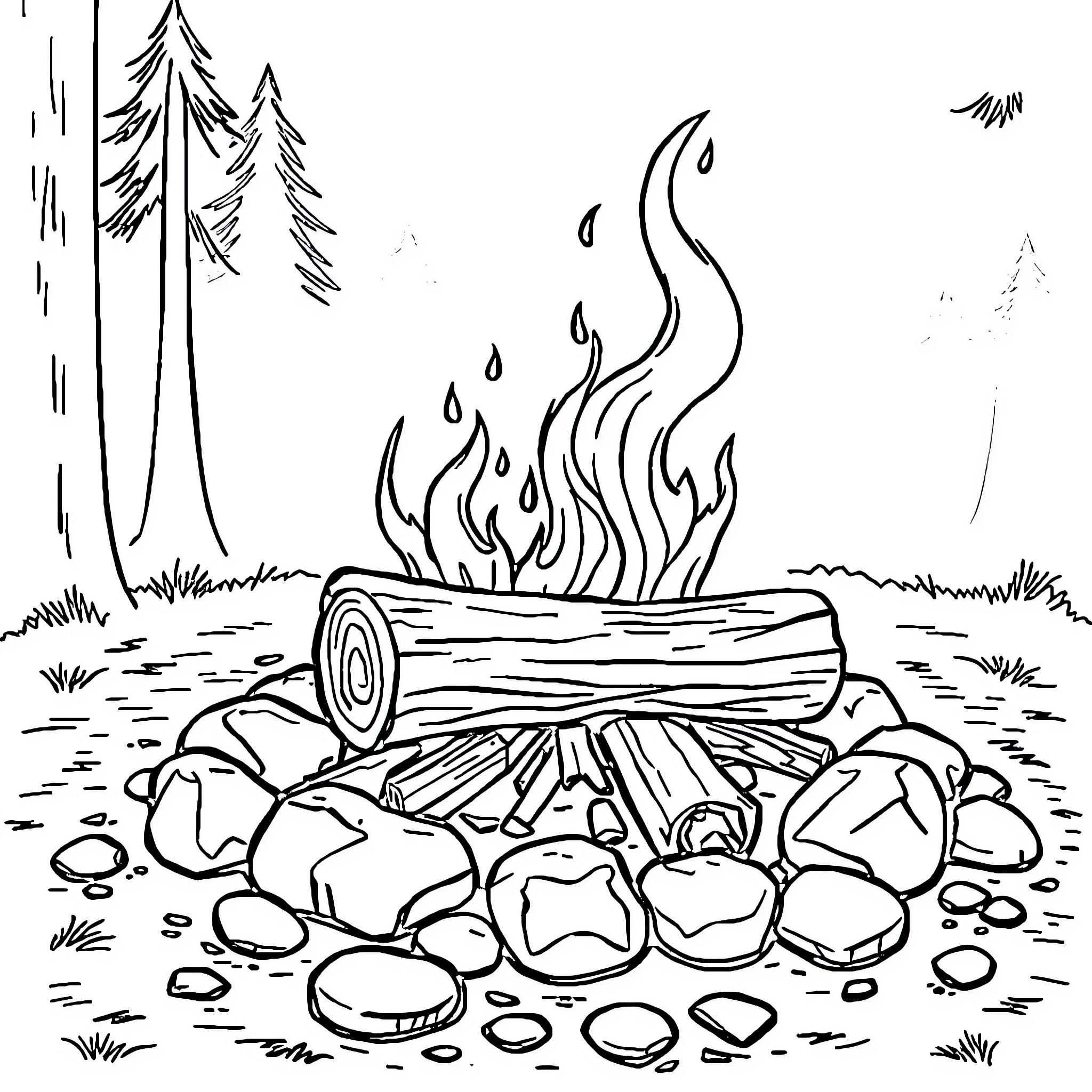 Log campfire burning brightly in the forest Coloring Page (free black-and-white line drawing printable PDF for all, from beginners to advanced learners, including children, teens, adults, and seniors)