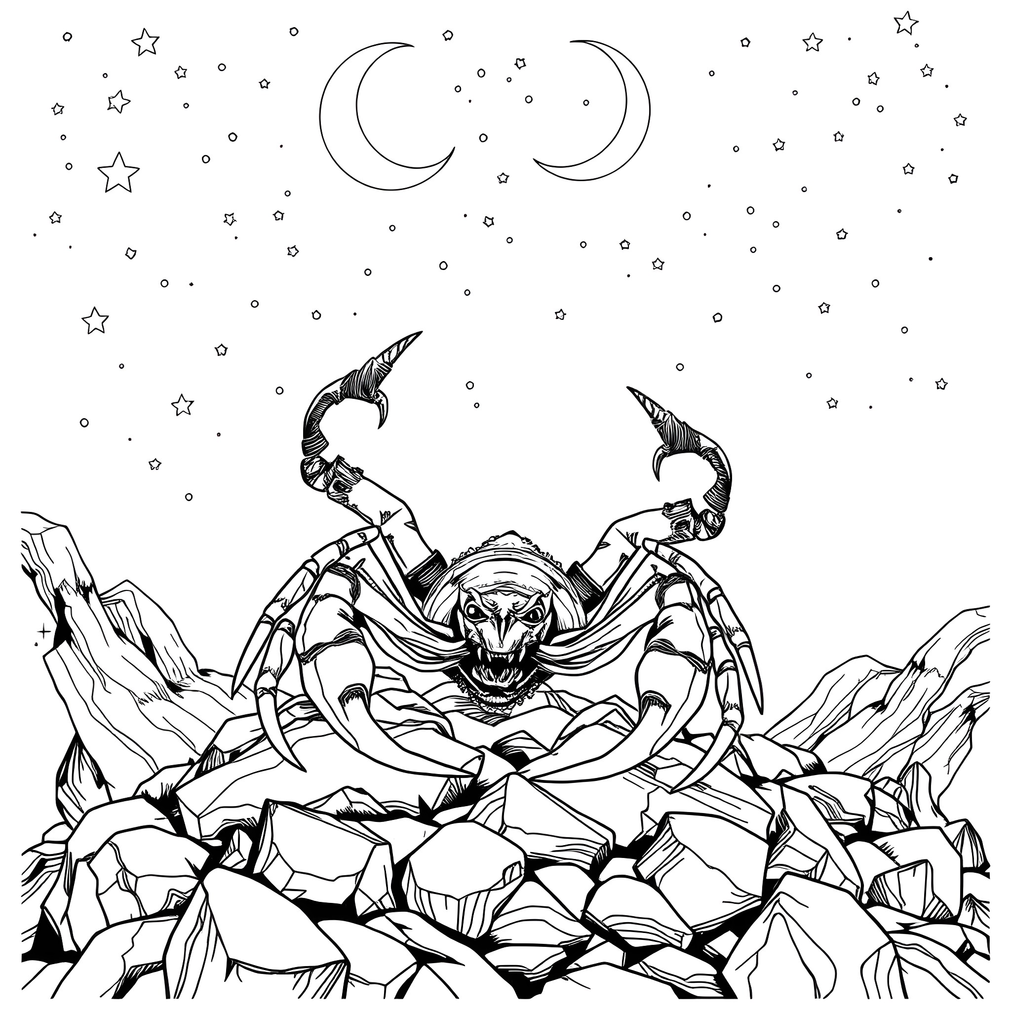 Scorpio under starry night sky Coloring Page (free black-and-white line drawing printable PDF for all, from beginners to advanced learners, including children, teens, adults, and seniors)