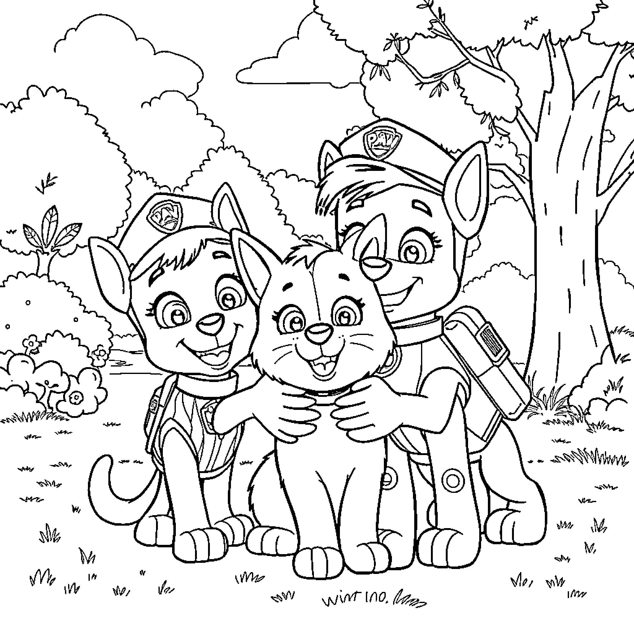 Paw Patrol characters in a nature scene Coloring Page (free black-and-white line drawing printable PDF for all, from beginners to advanced learners, including children, teens, adults, and seniors)