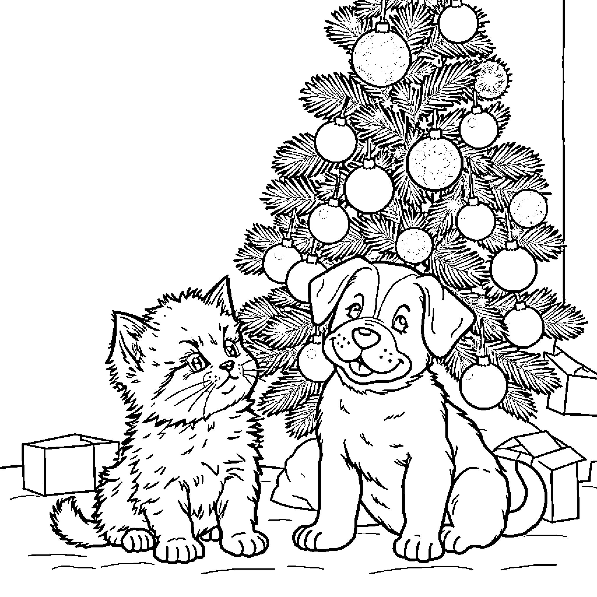 Kitten and Puppy Celebrating Christmas Together Coloring Page (free black-and-white line drawing printable PDF for all, from beginners to advanced learners, including children, teens, adults, and seniors)