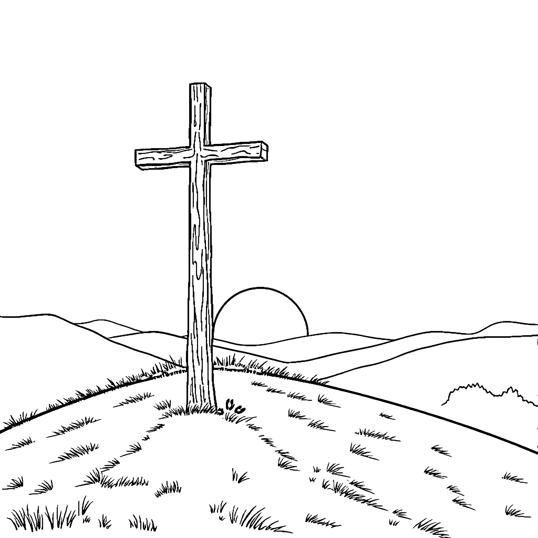 Cross Standing in Scenic Landscape Coloring Page (free black-and-white line drawing printable PDF for all, from beginners to advanced learners, including children, teens, adults, and seniors)