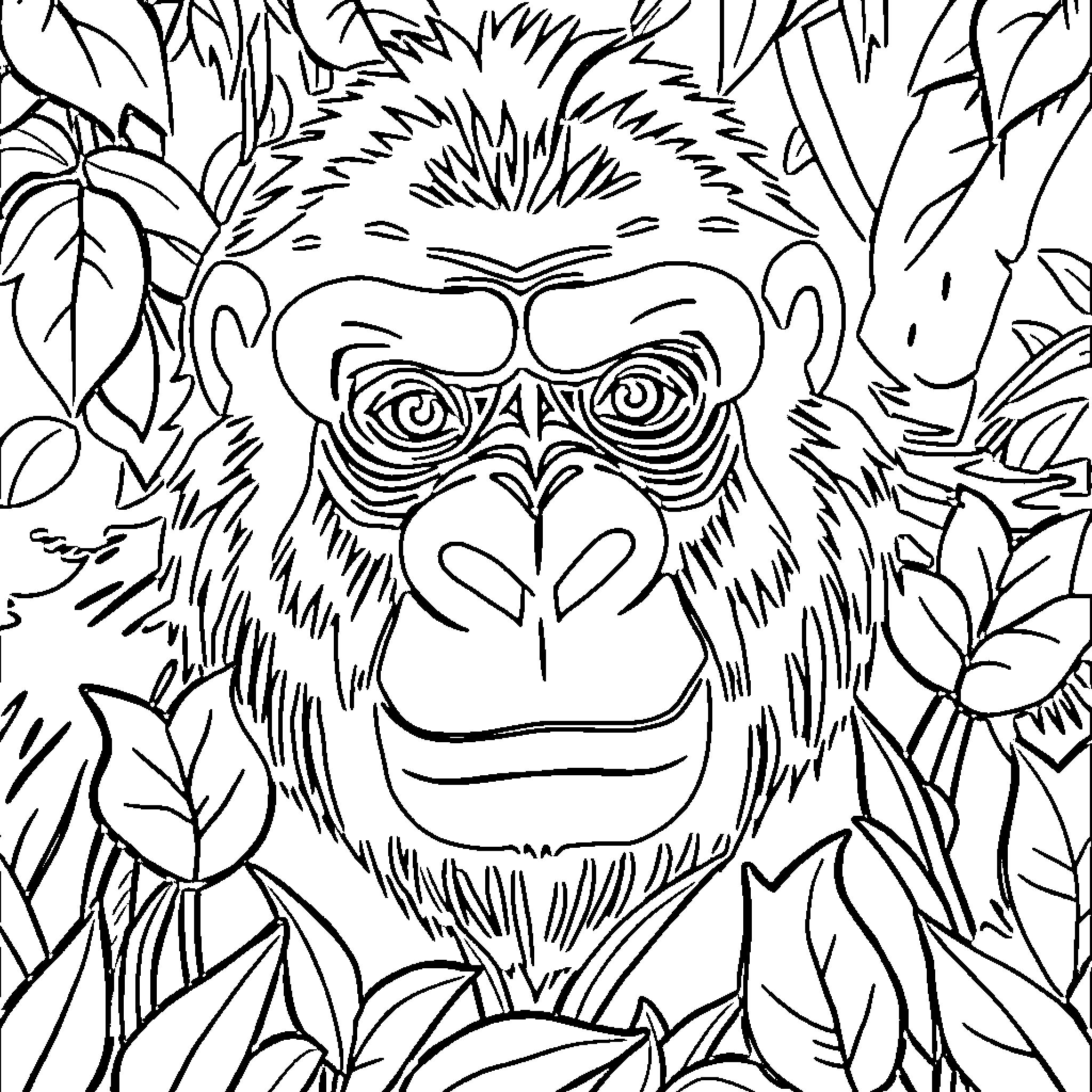 Gorilla amidst dense jungle foliage Coloring Page (free black-and-white line drawing printable PDF for all, from beginners to advanced learners, including children, teens, adults, and seniors)