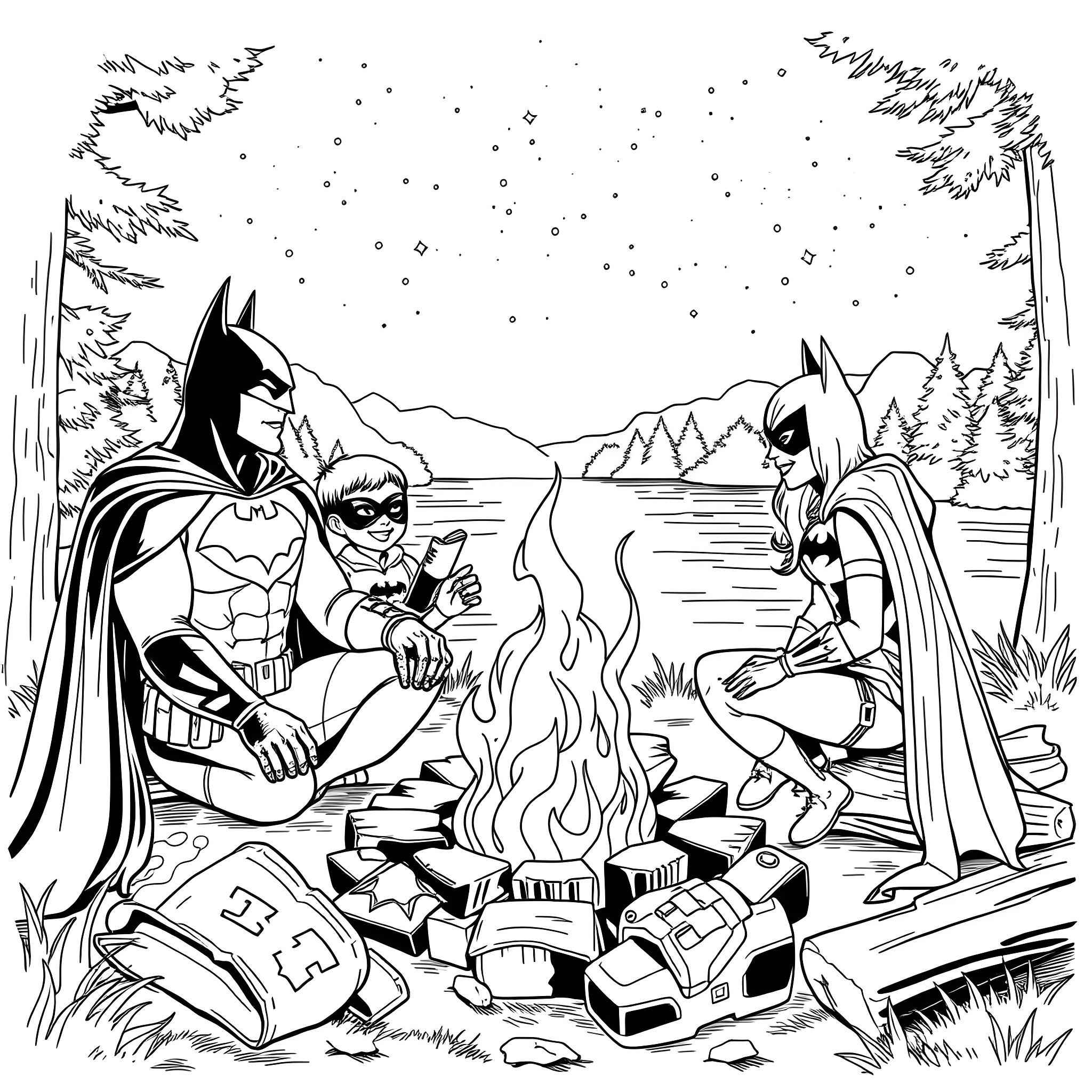 Batman and Robin Camping in the Wilderness Coloring Page (free black-and-white line drawing printable PDF for all, from beginners to advanced learners, including children, teens, adults, and seniors)