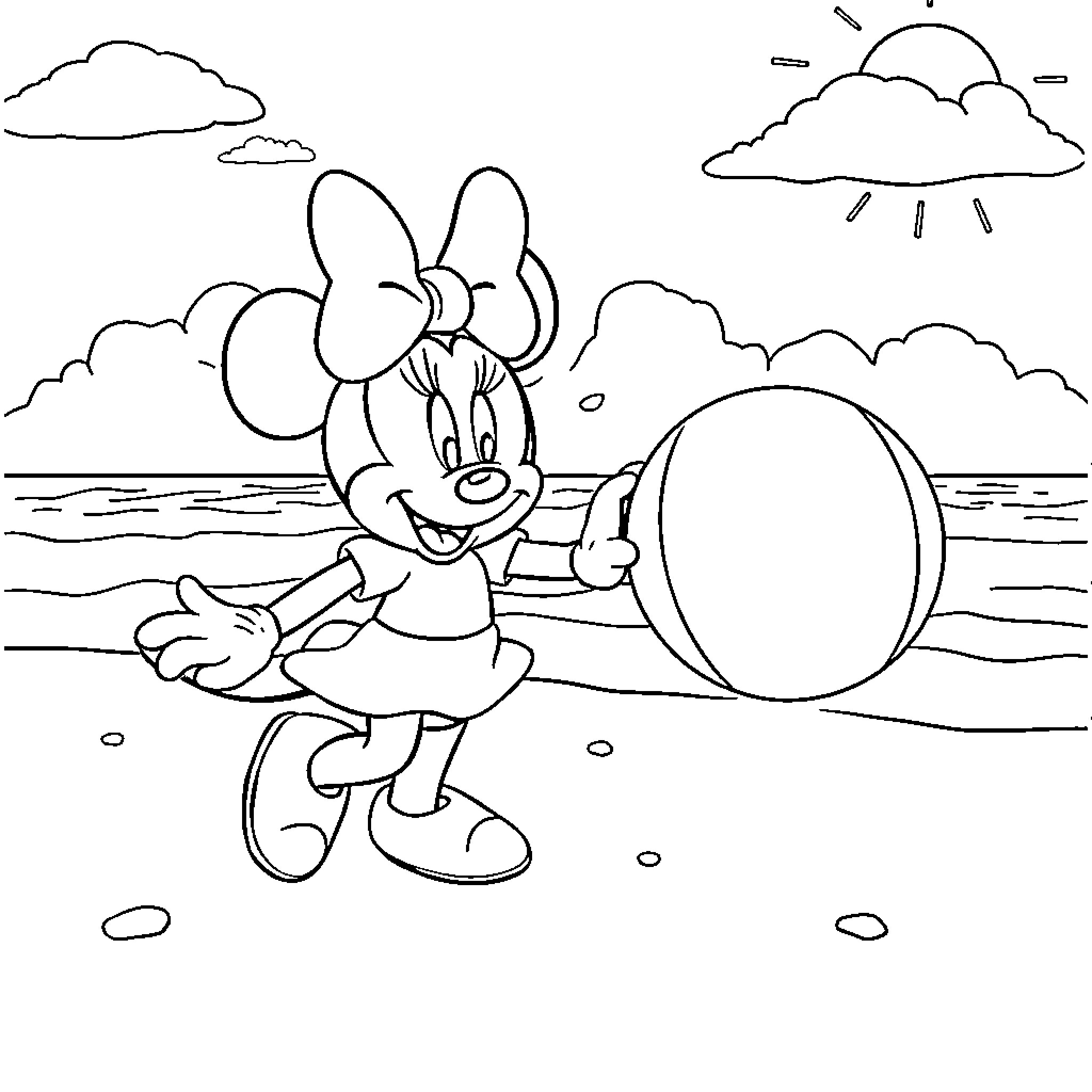 Minnie playing happily on the beach Coloring Page (free black-and-white line drawing printable PDF for all, from beginners to advanced learners, including children, teens, adults, and seniors)