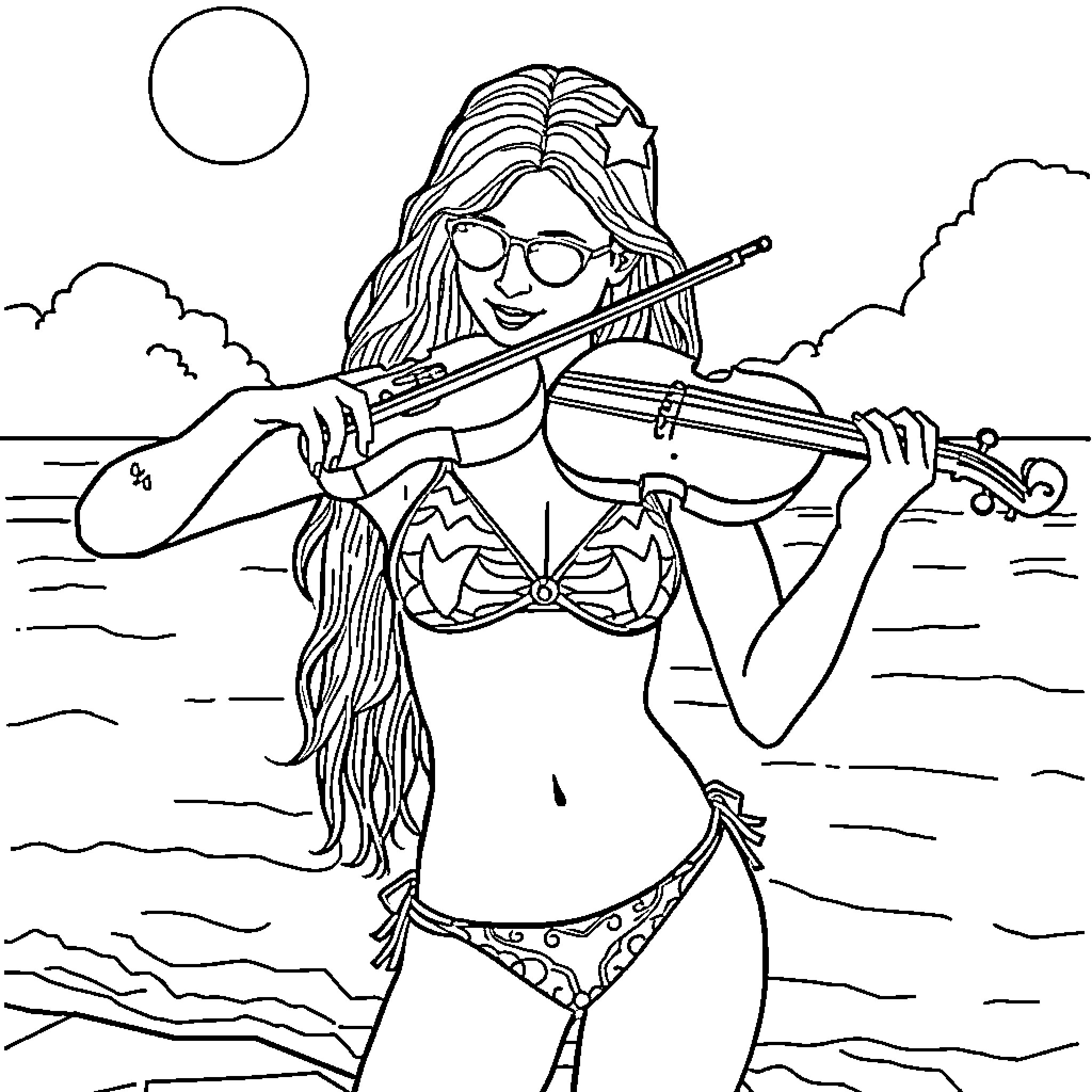 Lindsey Stirling performing on the beach Coloring Page (free black-and-white line drawing printable PDF for all, from beginners to advanced learners, including children, teens, adults, and seniors)