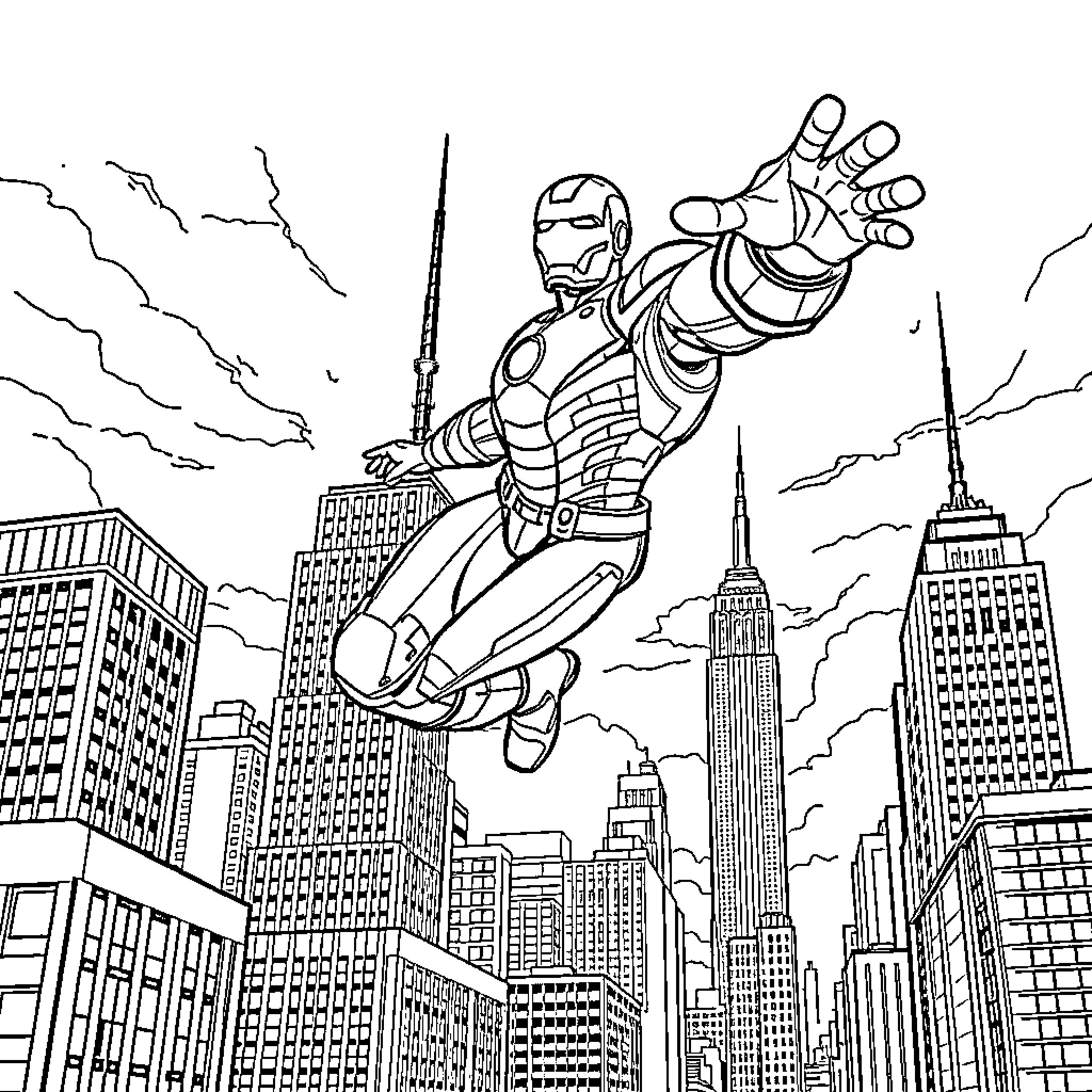 Iron Man soaring over the city skyline Coloring Page (free black-and-white line drawing printable PDF for all, from beginners to advanced learners, including children, teens, adults, and seniors)