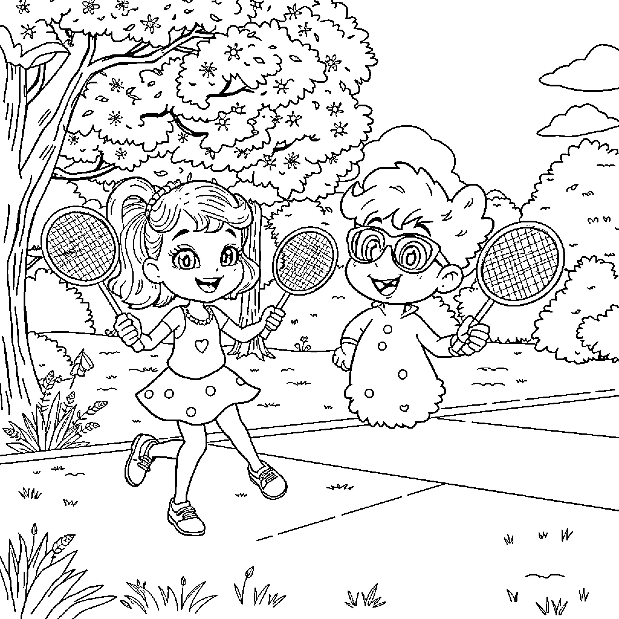 Gabby and friends playing tennis outdoors Coloring Page (free black-and-white line drawing printable PDF for all, from beginners to advanced learners, including children, teens, adults, and seniors)