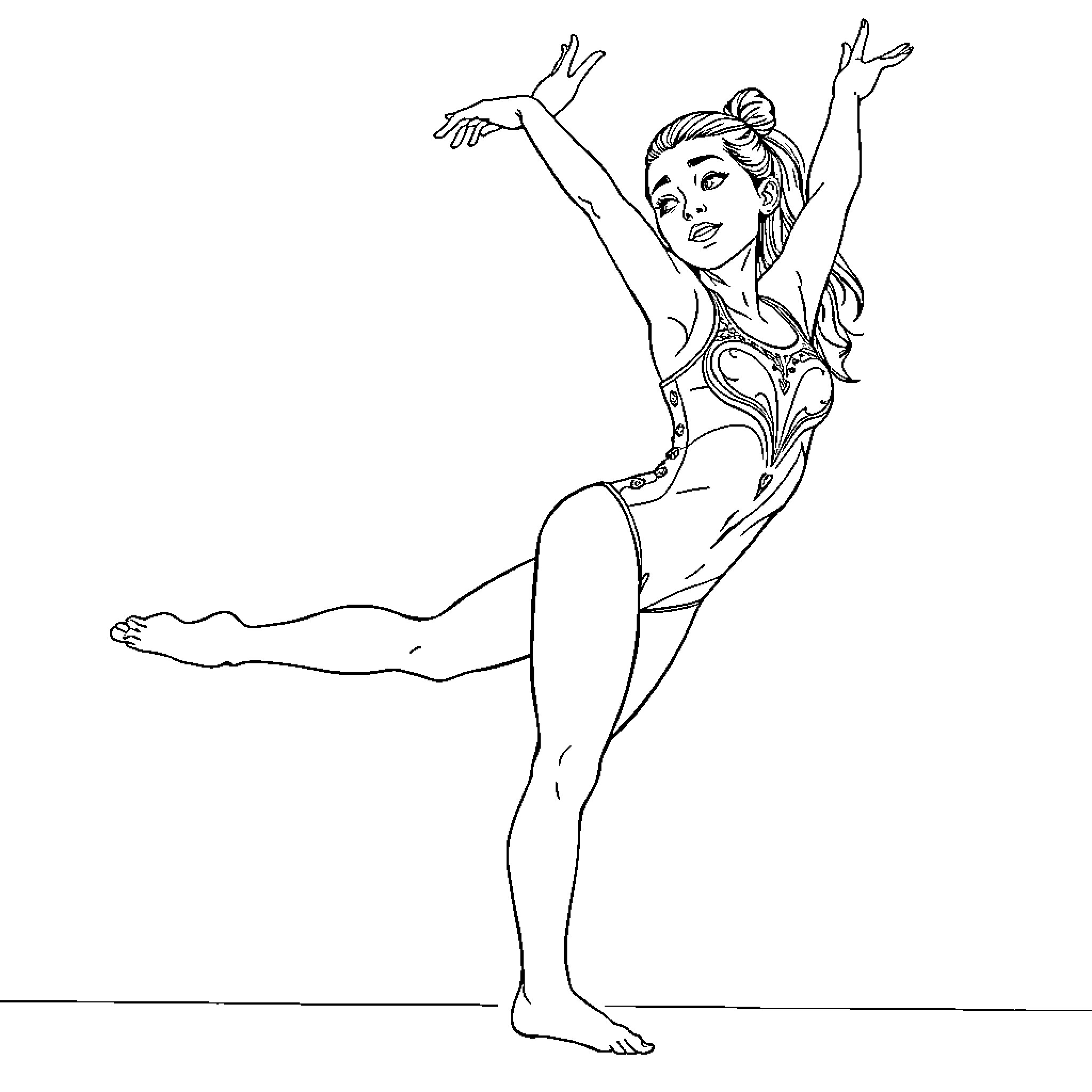 Jenna Ortega as a graceful gymnast in action Coloring Page (free black-and-white line drawing printable PDF for all, from beginners to advanced learners, including children, teens, adults, and seniors)