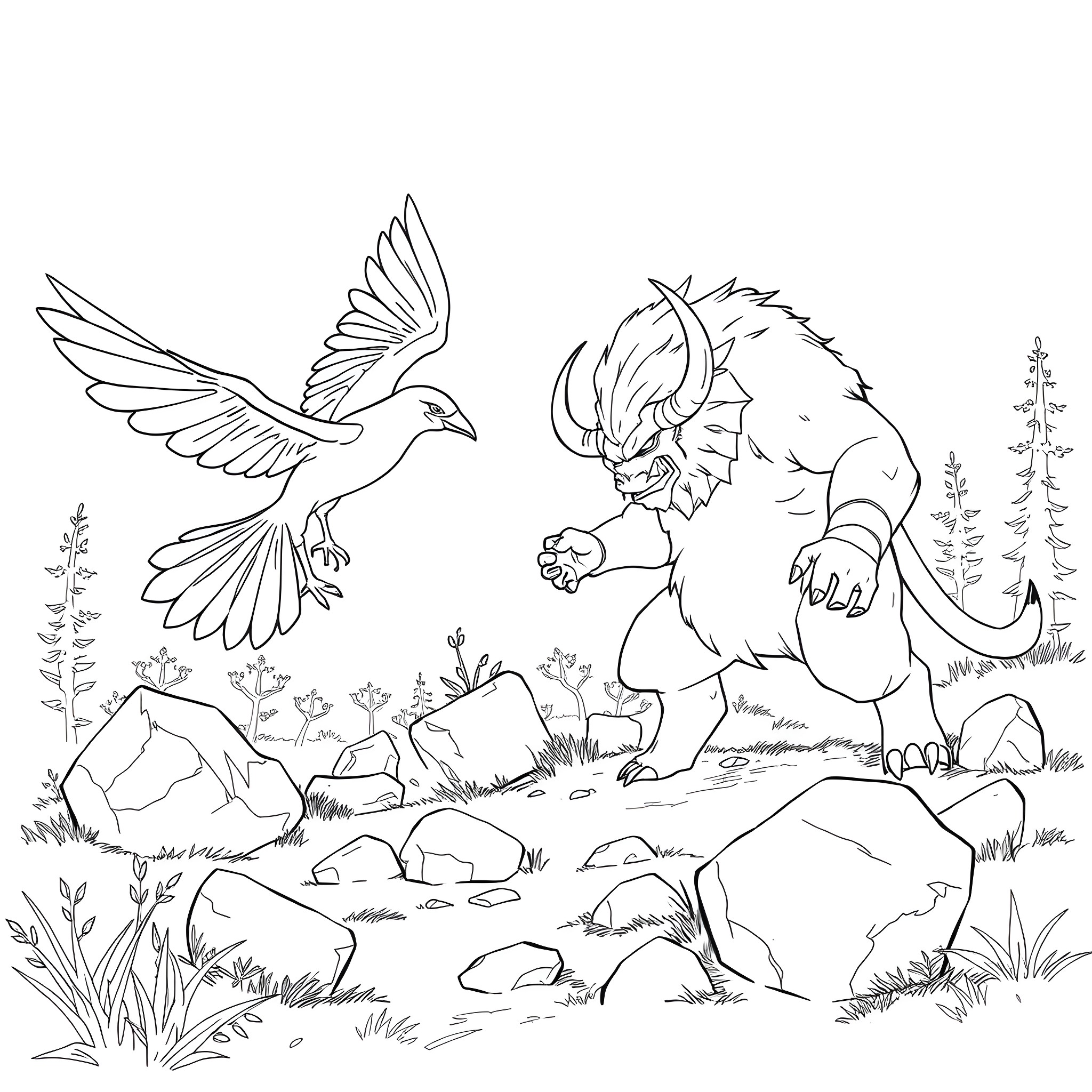Pidgeotto in a nature setting with a Lucario Coloring Page (free black-and-white line drawing printable PDF for all, from beginners to advanced learners, including children, teens, adults, and seniors)