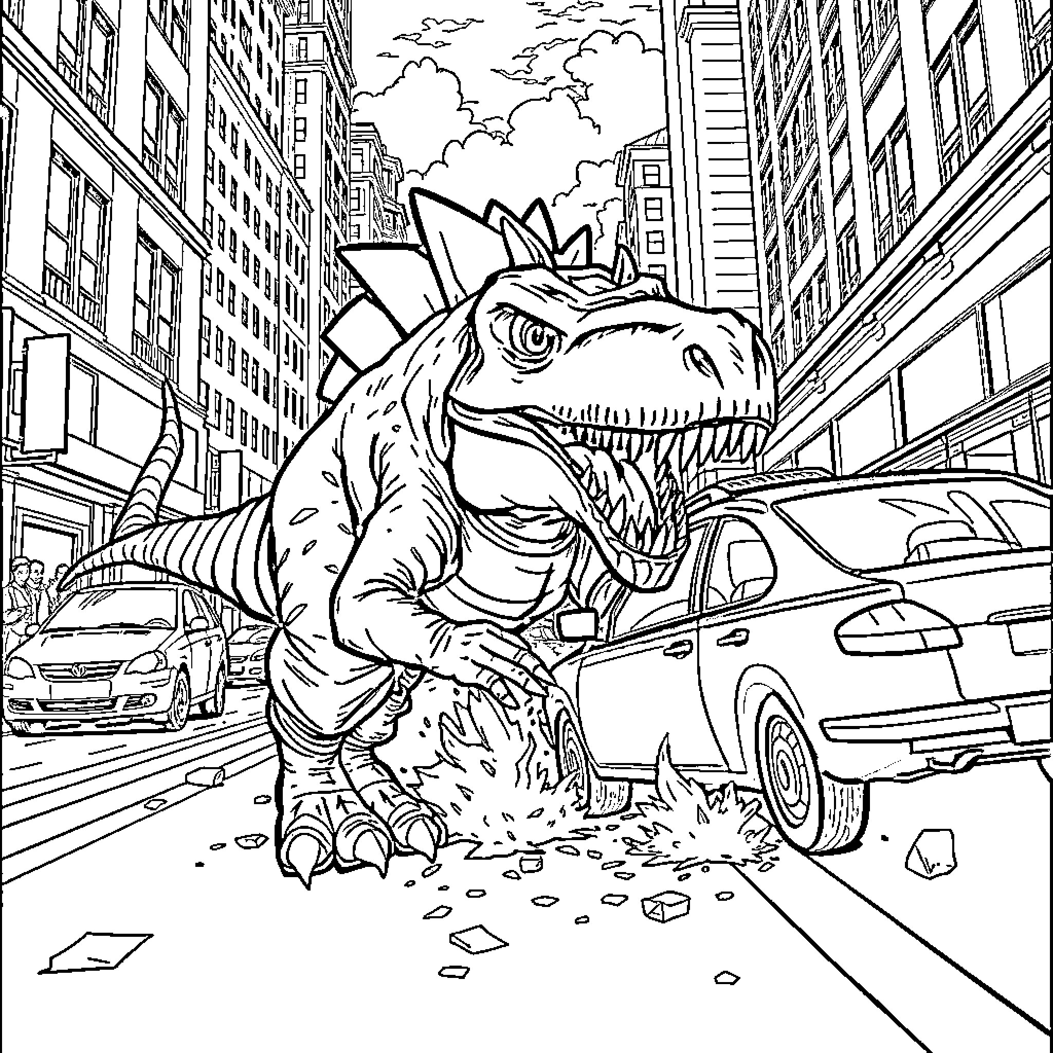 Rampardos Rampaging Through the City Streets Coloring Page (free black-and-white line drawing printable PDF for all, from beginners to advanced learners, including children, teens, adults, and seniors)