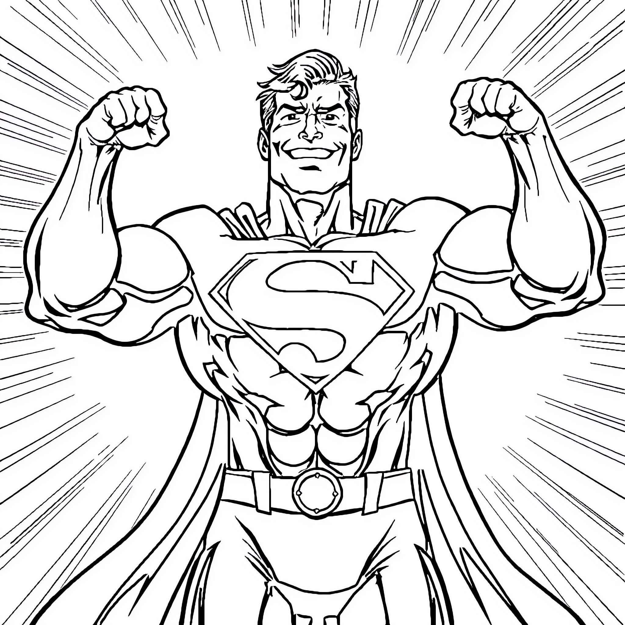 Superman displaying his strength and heroic pose Coloring Page (free black-and-white line drawing printable PDF for all, from beginners to advanced learners, including children, teens, adults, and seniors)