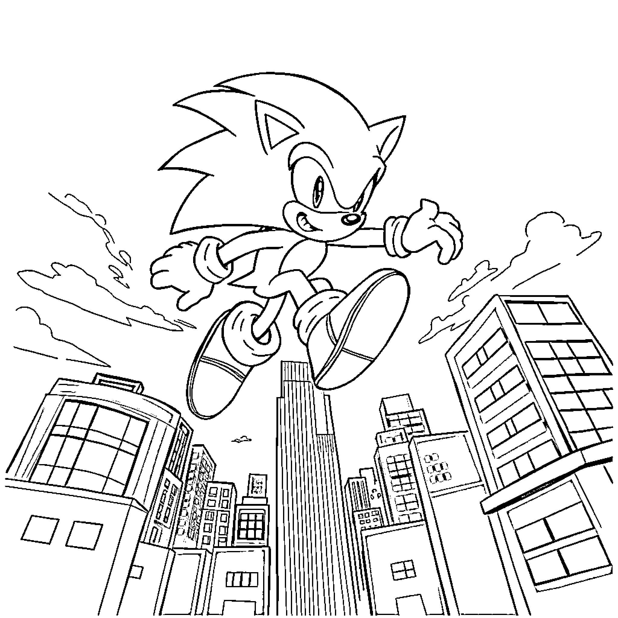 Sonic dashing through the city skyline Coloring Page (free black-and-white line drawing printable PDF for all, from beginners to advanced learners, including children, teens, adults, and seniors)