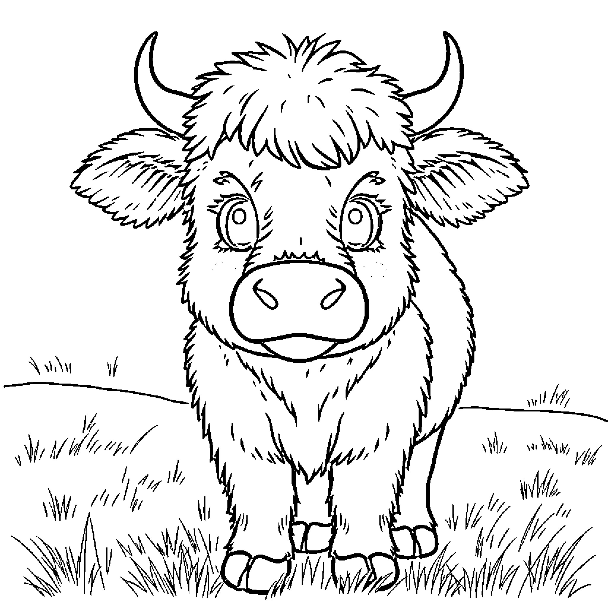 Highland Cow with Curious Expression in Field Coloring Page (free black-and-white line drawing printable PDF for all, from beginners to advanced learners, including children, teens, adults, and seniors)