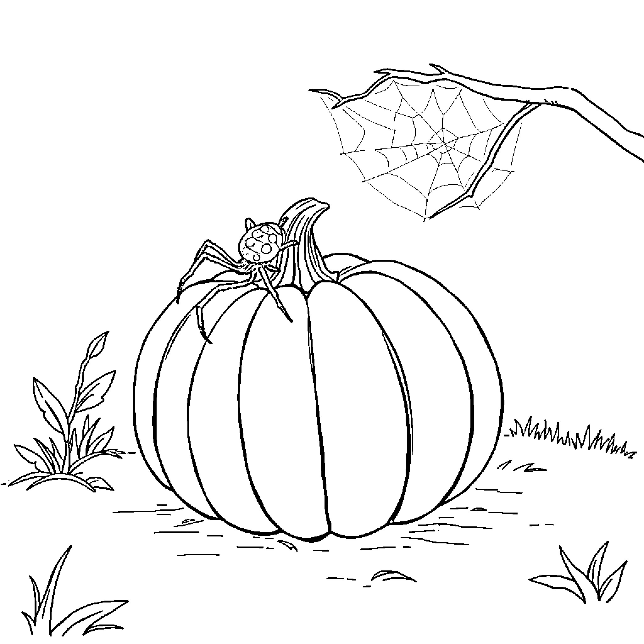 Pumpkin with a bat and spider web Coloring Page (free black-and-white line drawing printable PDF for all, from beginners to advanced learners, including children, teens, adults, and seniors)