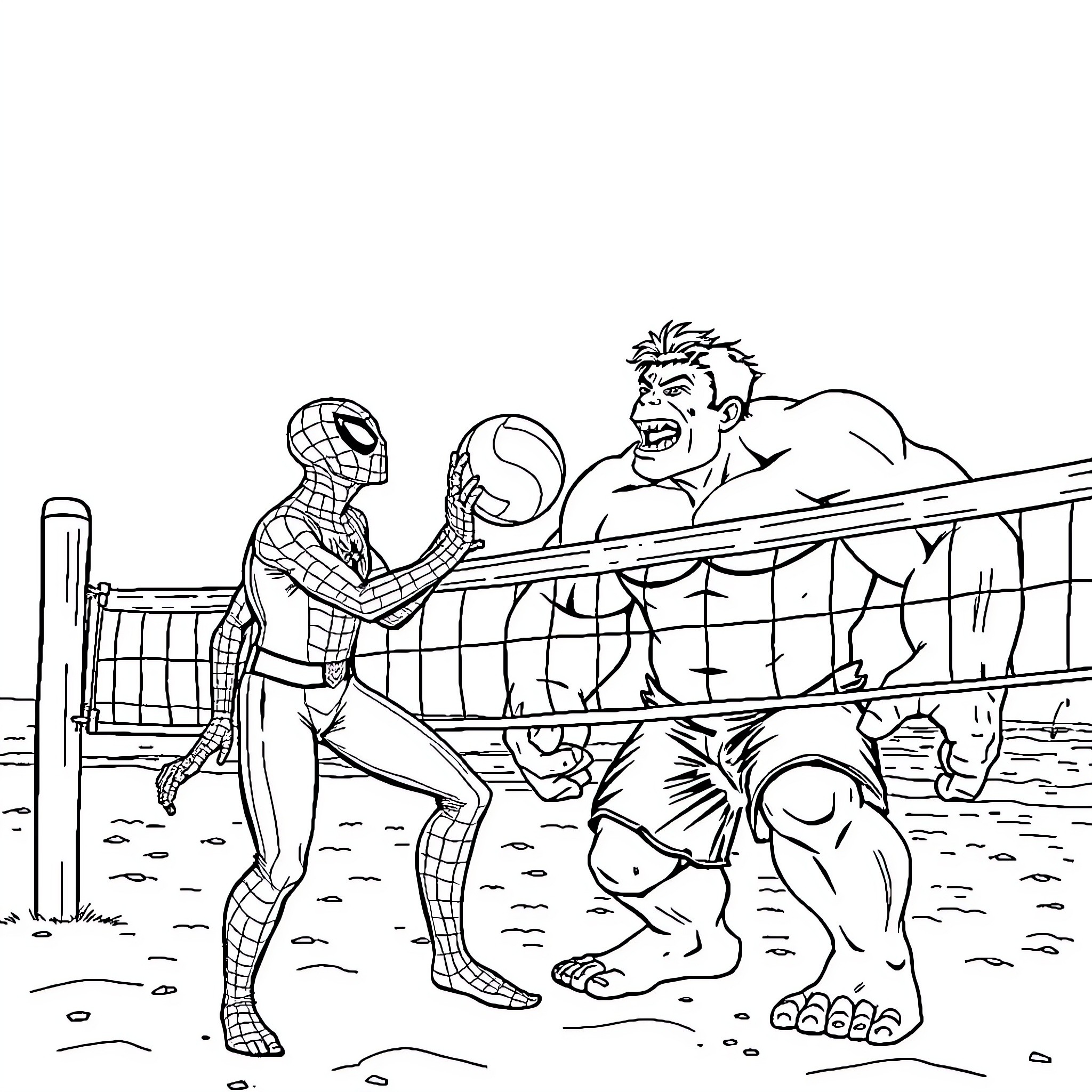 Spider-Man playing volleyball with friends Coloring Page (free black-and-white line drawing printable PDF for all, from beginners to advanced learners, including children, teens, adults, and seniors)