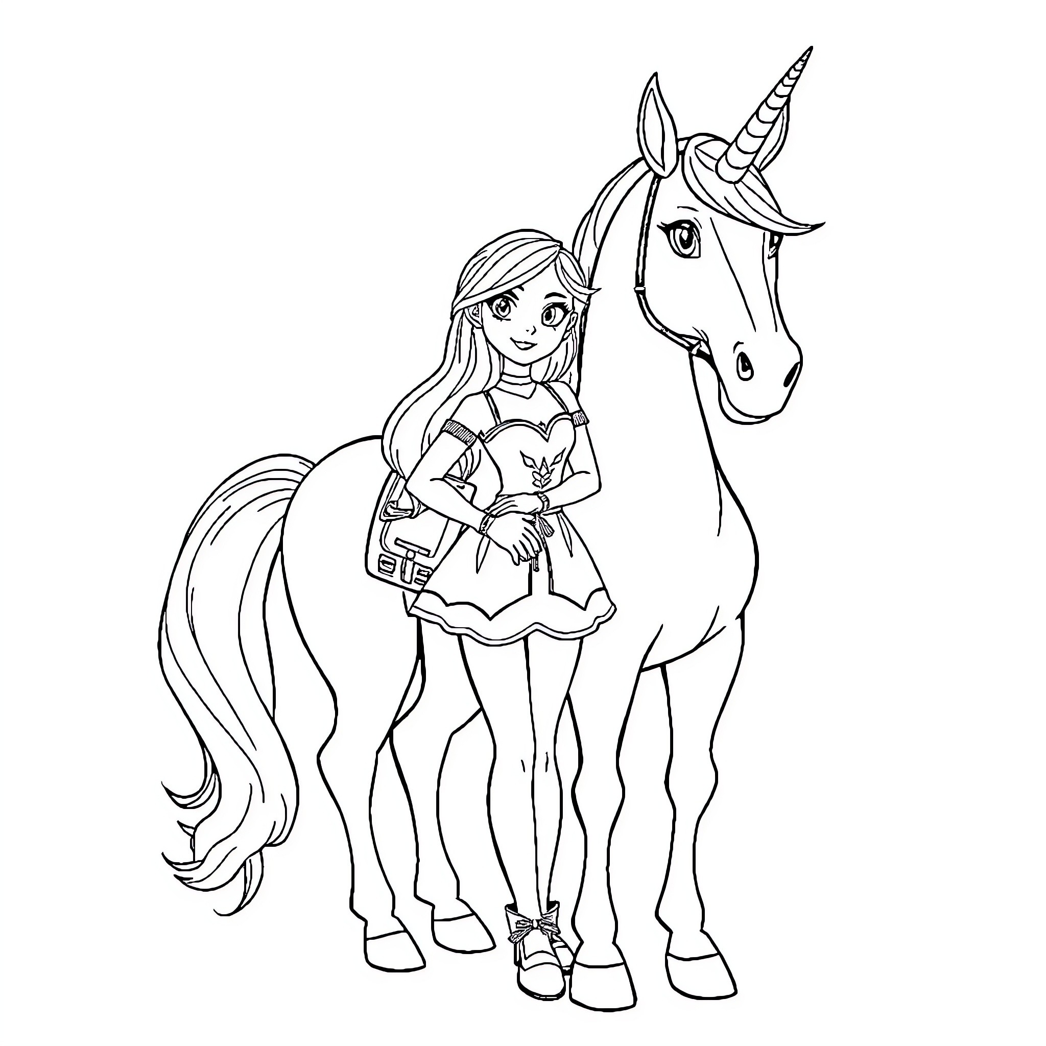 Valentina and her magical unicorn companion Coloring Page (free black-and-white line drawing printable PDF for all, from beginners to advanced learners, including children, teens, adults, and seniors)