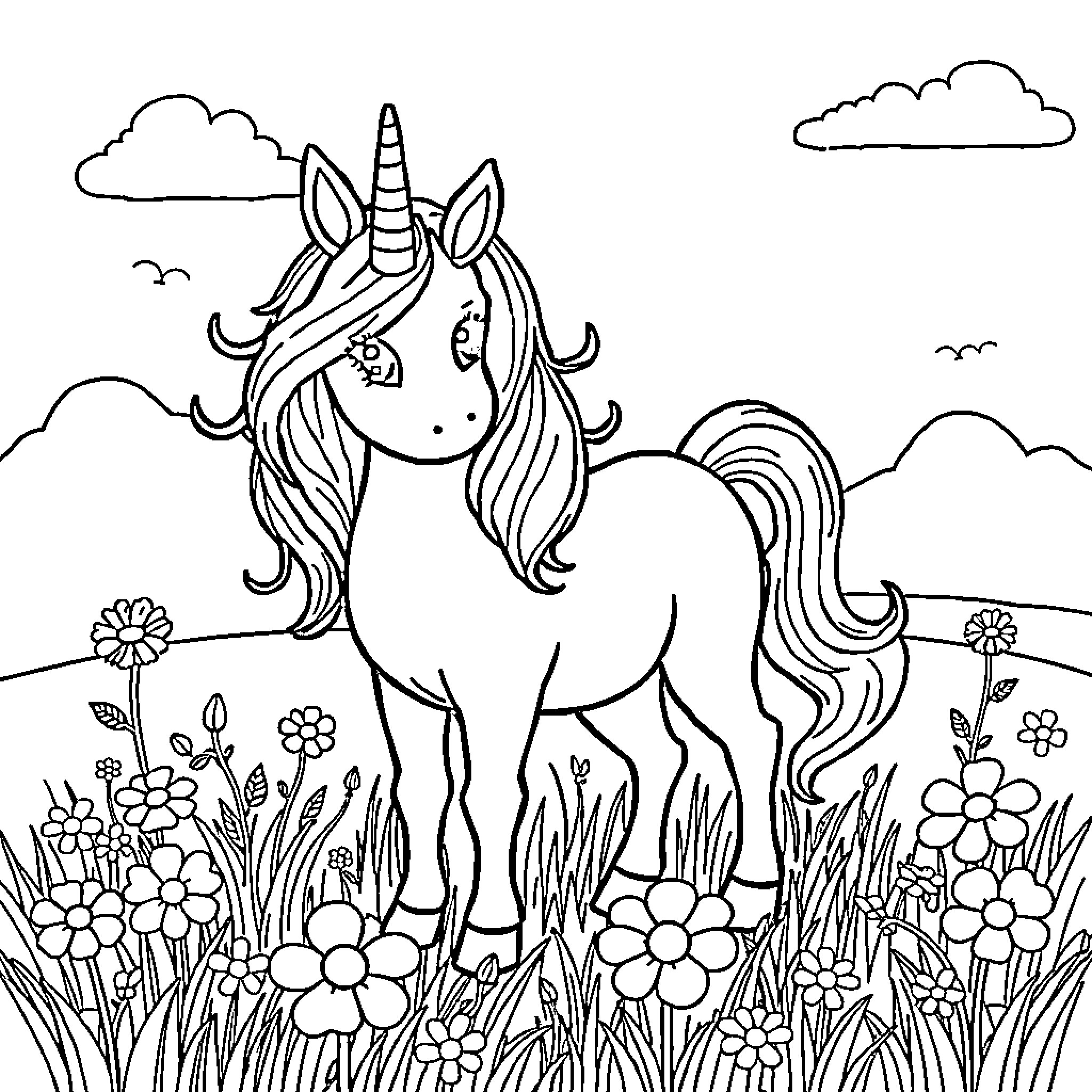 Unicorn exploring a flowery meadow Coloring Page (free black-and-white line drawing printable PDF for all, from beginners to advanced learners, including children, teens, adults, and seniors)
