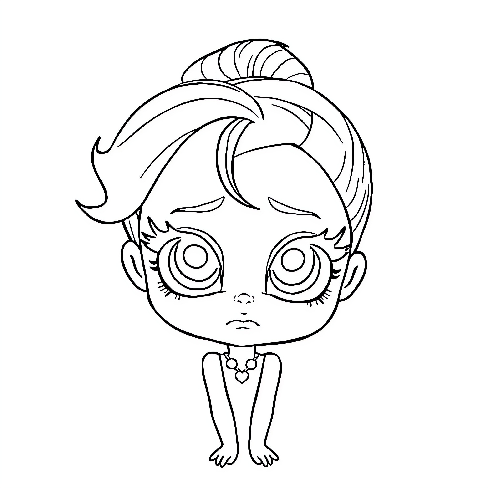 Barbie doll with exaggerated features and expression Coloring Page (free black-and-white line drawing printable PDF for all, from beginners to advanced learners, including children, teens, adults, and seniors)
