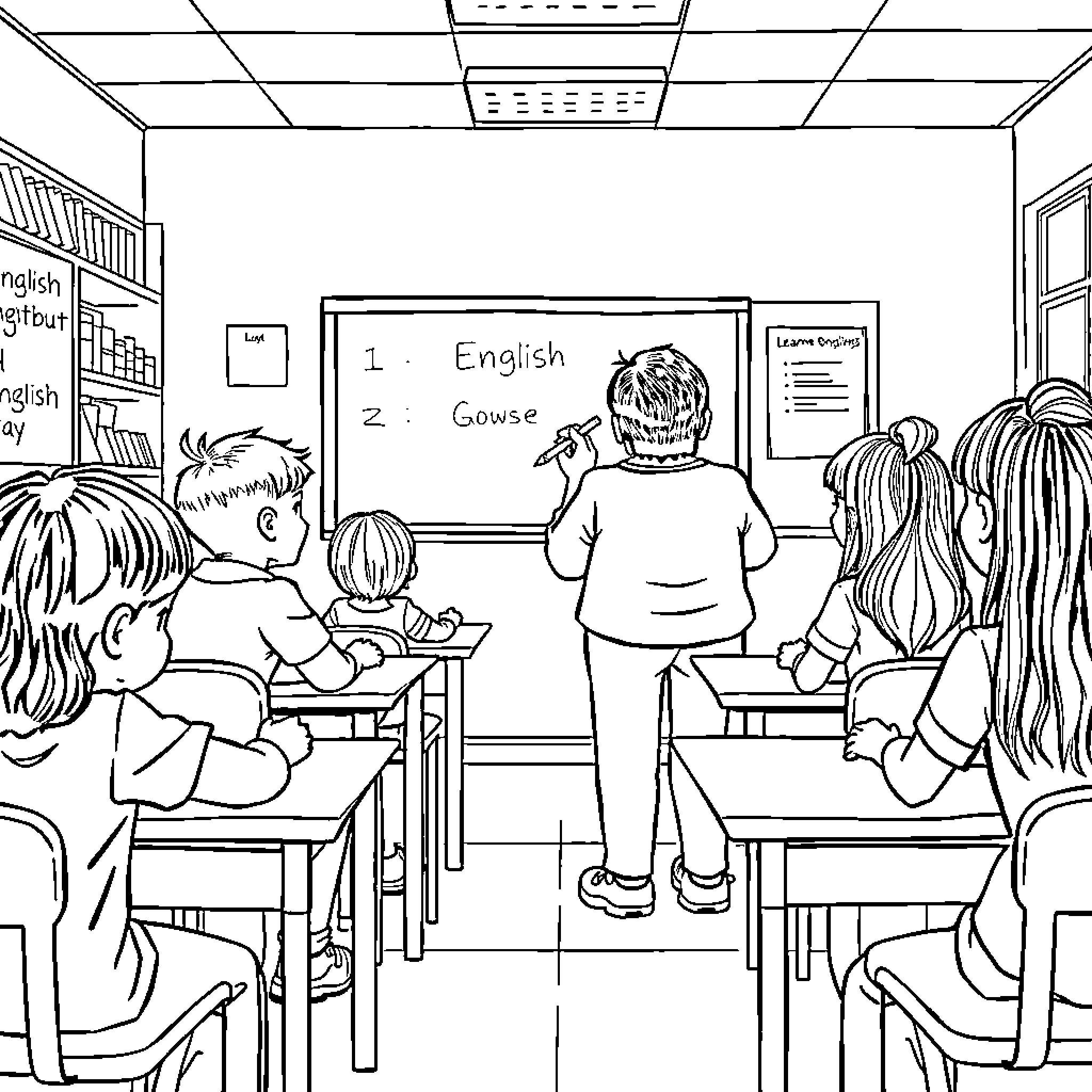 Child learning English in the classroom Coloring Page (free black-and-white line drawing printable PDF for all, from beginners to advanced learners, including children, teens, adults, and seniors)