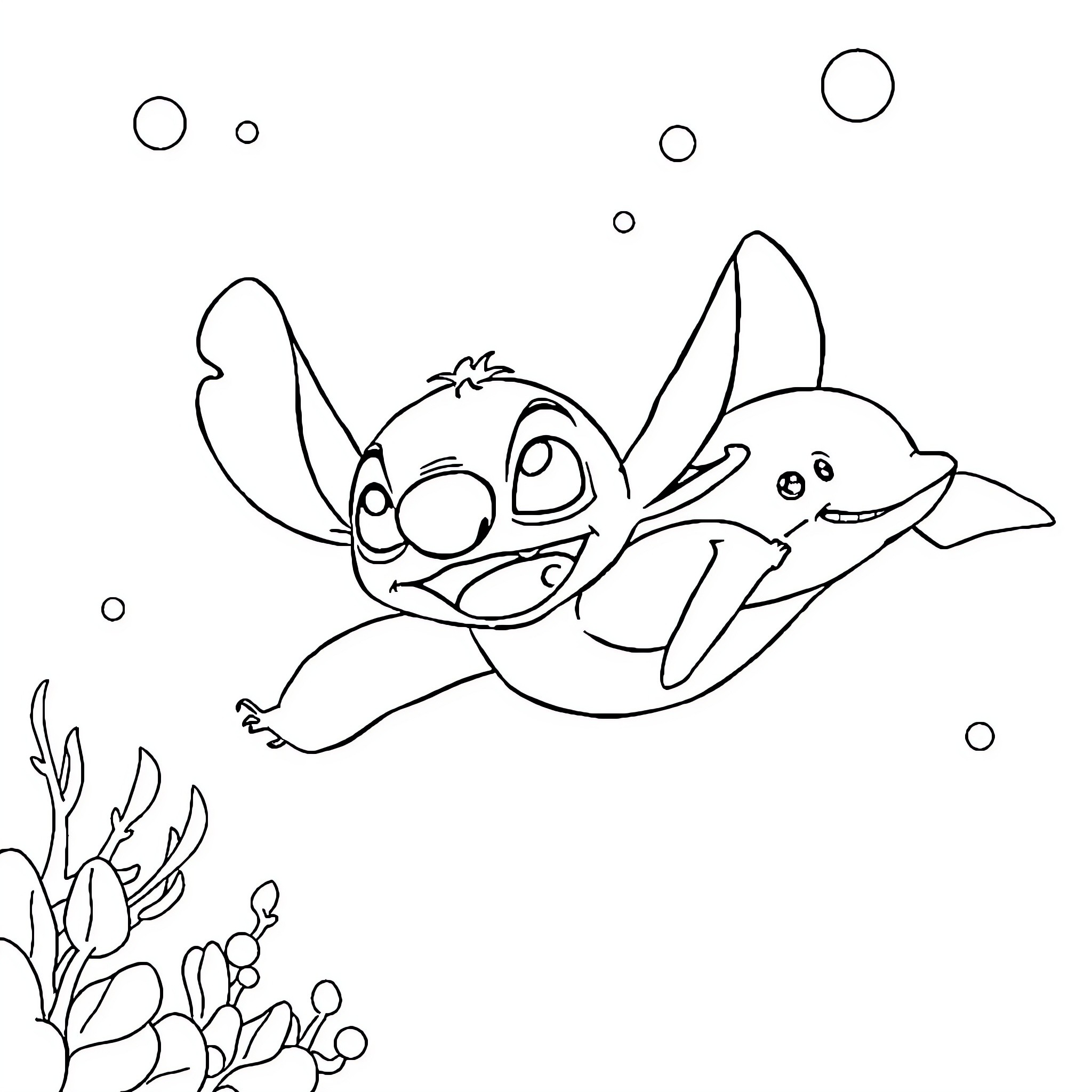 Stitch swimming happily in the ocean Coloring Page (free black-and-white line drawing printable PDF for all, from beginners to advanced learners, including children, teens, adults, and seniors)