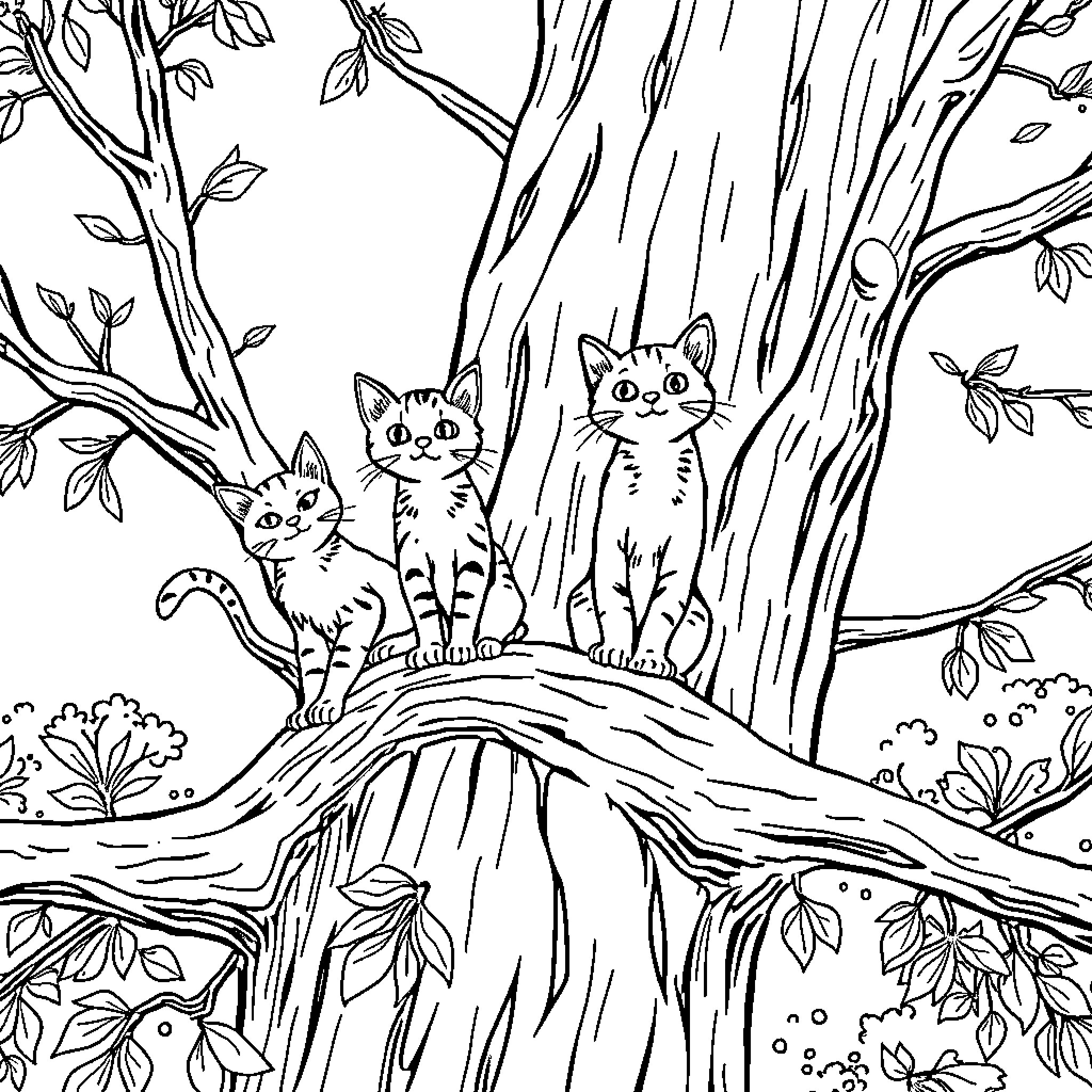 Curious Cats Exploring the Enchanted Forest Coloring Page (free black-and-white line drawing printable PDF for all, from beginners to advanced learners, including children, teens, adults, and seniors)