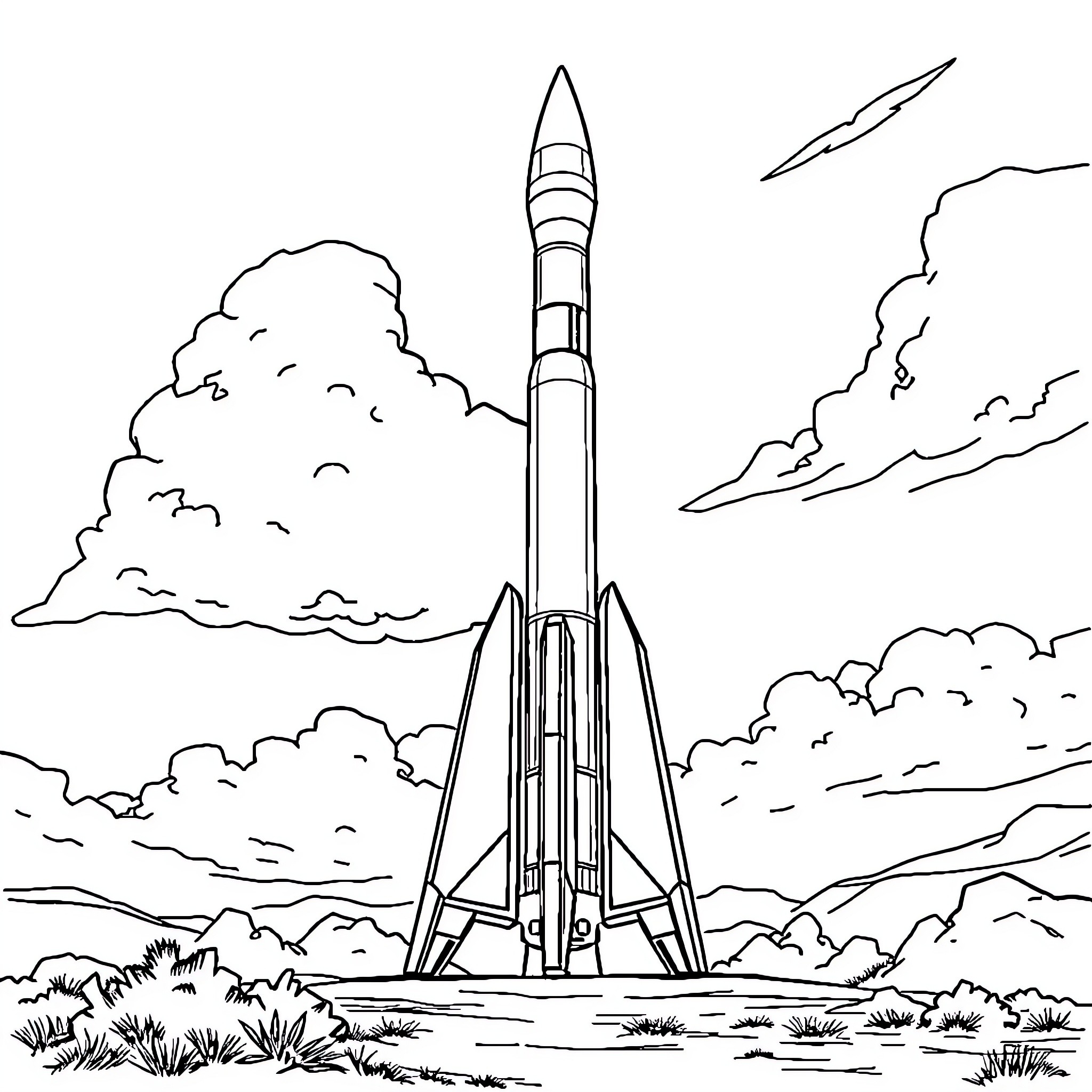 Gaganyan rocket launch into cloudy sky Coloring Page (free black-and-white line drawing printable PDF for all, from beginners to advanced learners, including children, teens, adults, and seniors)