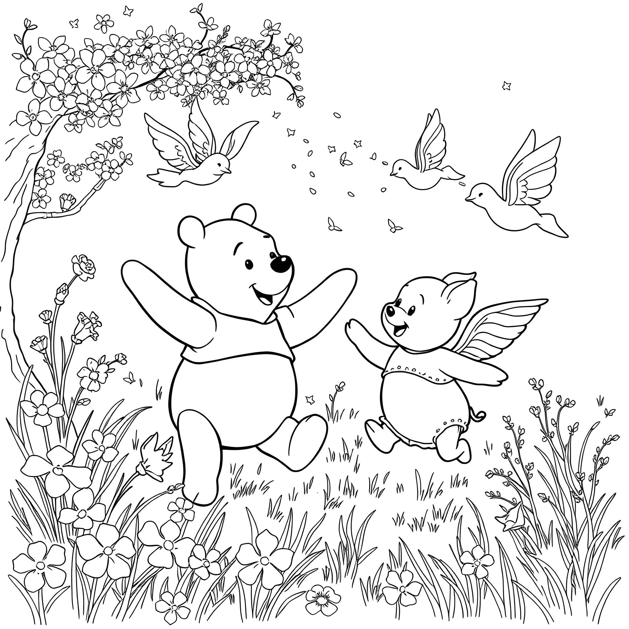 Winnie The Pooh and Piglet playing happily in the meadow Coloring Page (free black-and-white line drawing printable PDF for all, from beginners to advanced learners, including children, teens, adults, and seniors)