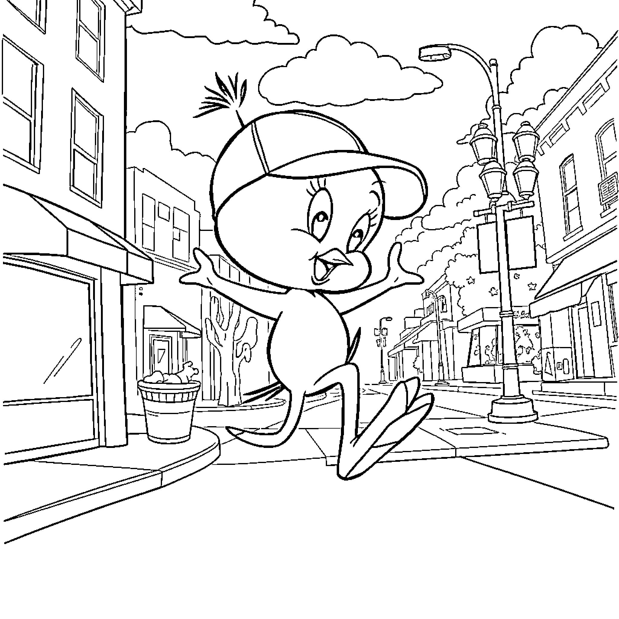 Tweety Bird exploring the city streets Coloring Page (free black-and-white line drawing printable PDF for all, from beginners to advanced learners, including children, teens, adults, and seniors)