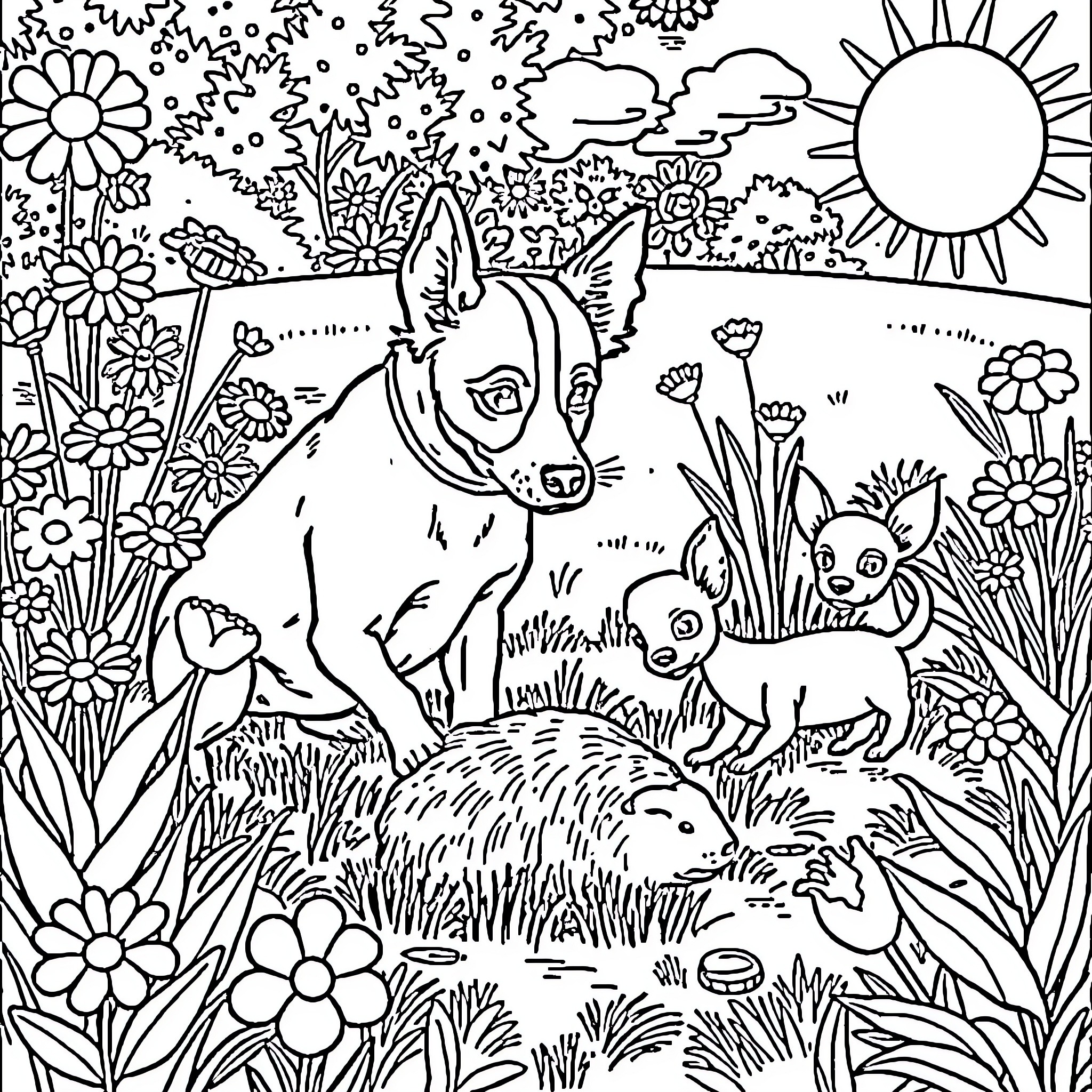 Dog and Puppies Playing in Flowery Garden Coloring Page (free black-and-white line drawing printable PDF for all, from beginners to advanced learners, including children, teens, adults, and seniors)