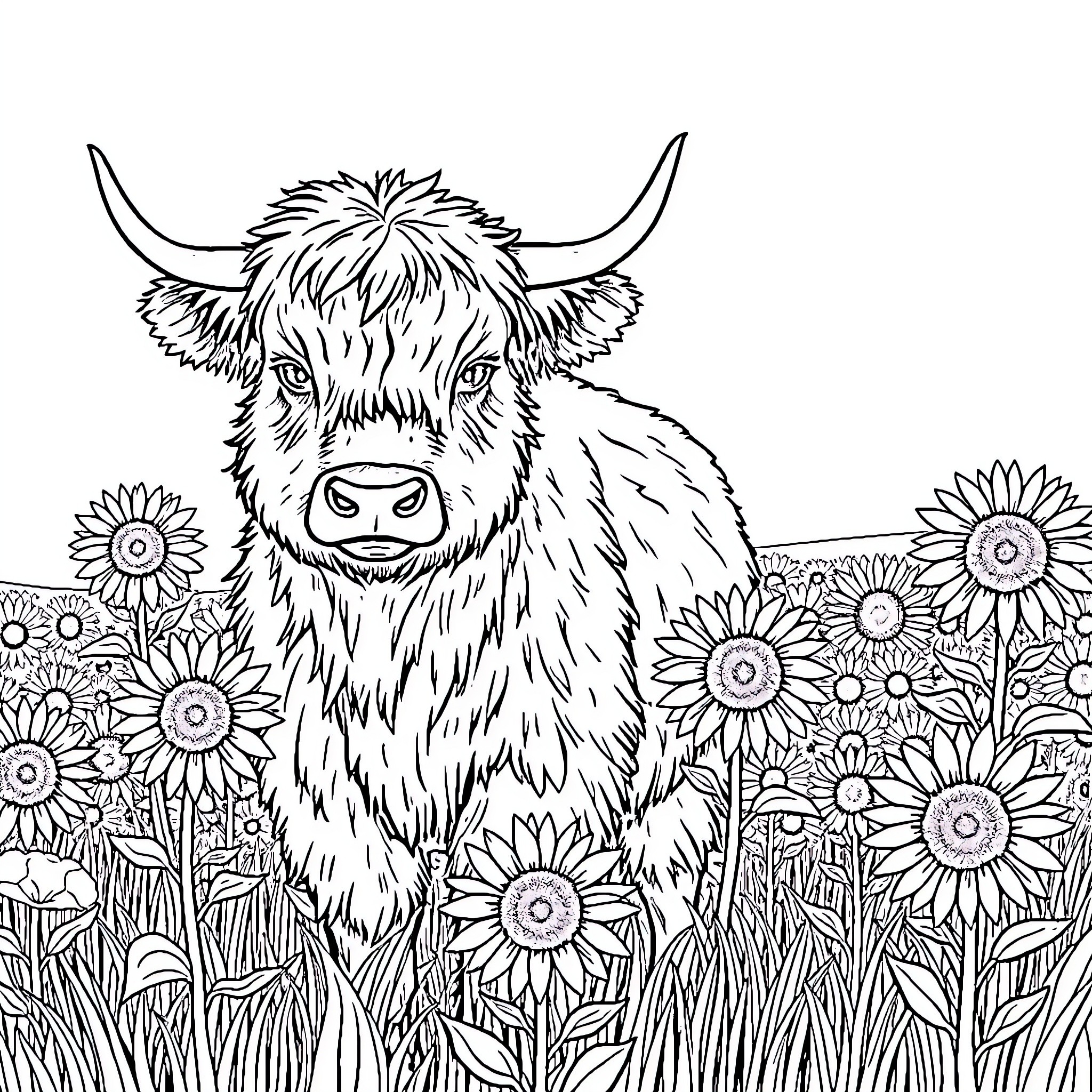 Highland Cow enjoying a field of flowers Coloring Page (free black-and-white line drawing printable PDF for all, from beginners to advanced learners, including children, teens, adults, and seniors)