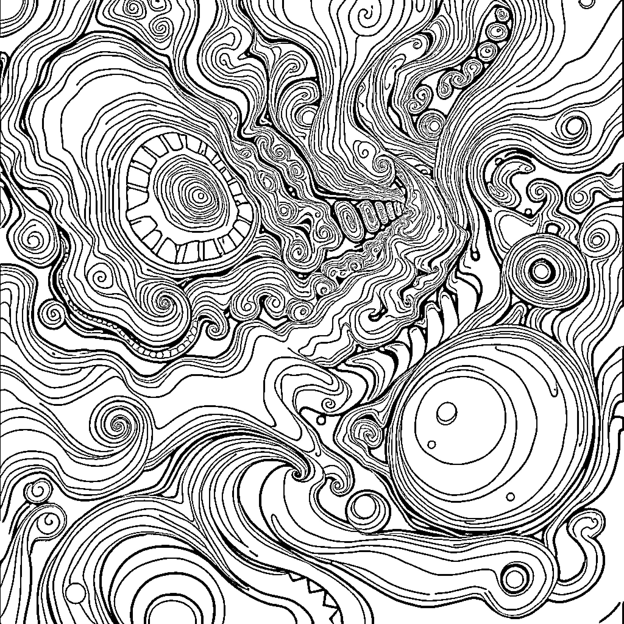 LSD Abstract Psychedelic Patterns Coloring Page (free black-and-white line drawing printable PDF for all, from beginners to advanced learners, including children, teens, adults, and seniors)