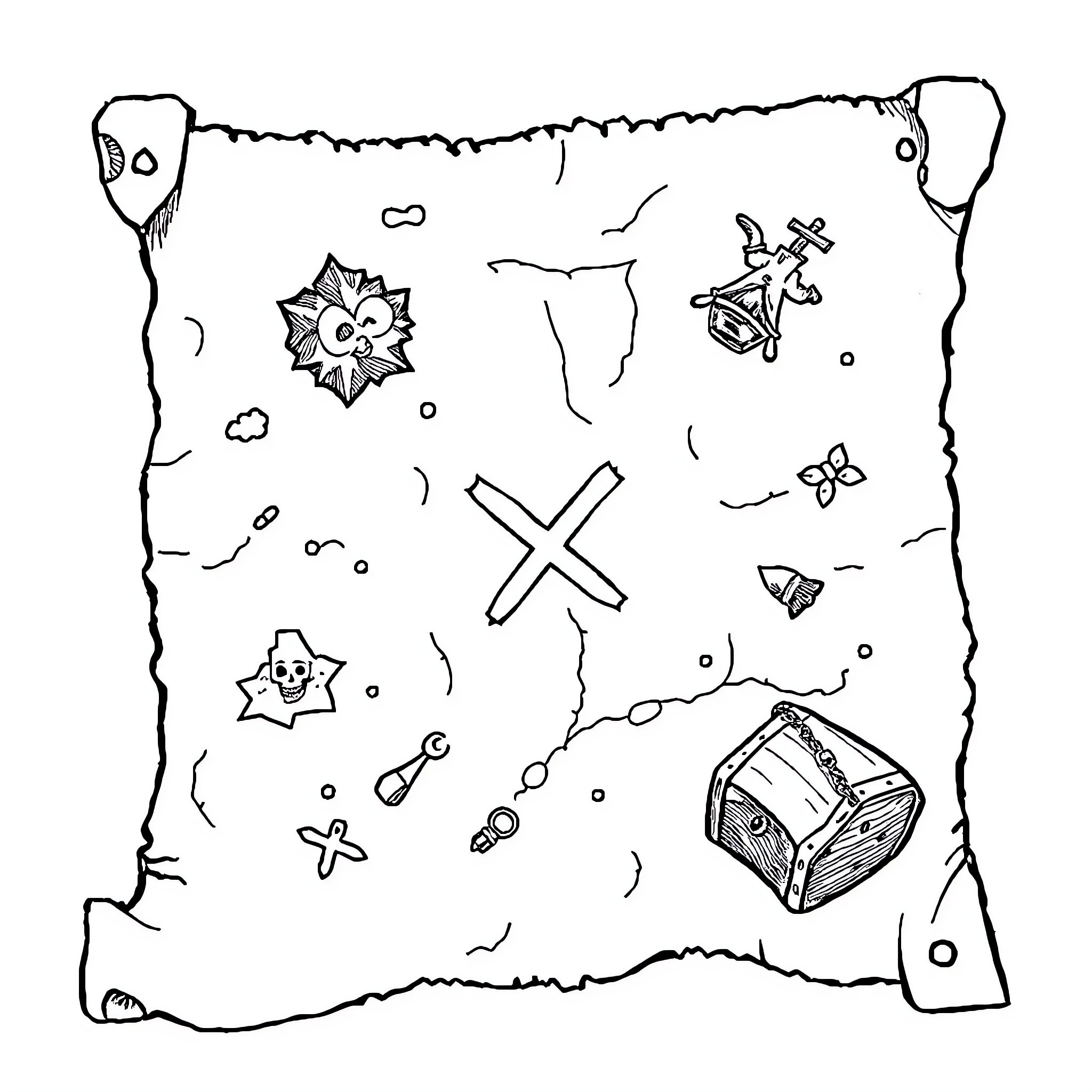 Treasure Map with Pirate Symbols and Treasure Chest Coloring Page (free black-and-white line drawing printable PDF for all, from beginners to advanced learners, including children, teens, adults, and seniors)
