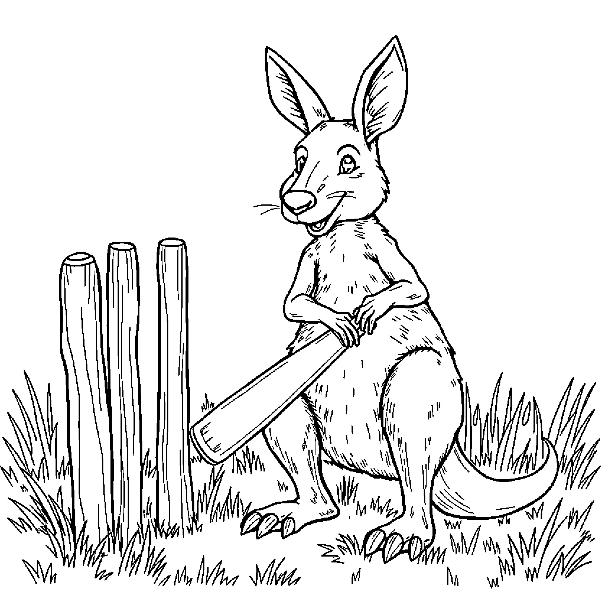 Kangaroo holding cricket bat near wooden fence Coloring Page (free black-and-white line drawing printable PDF for all, from beginners to advanced learners, including children, teens, adults, and seniors)