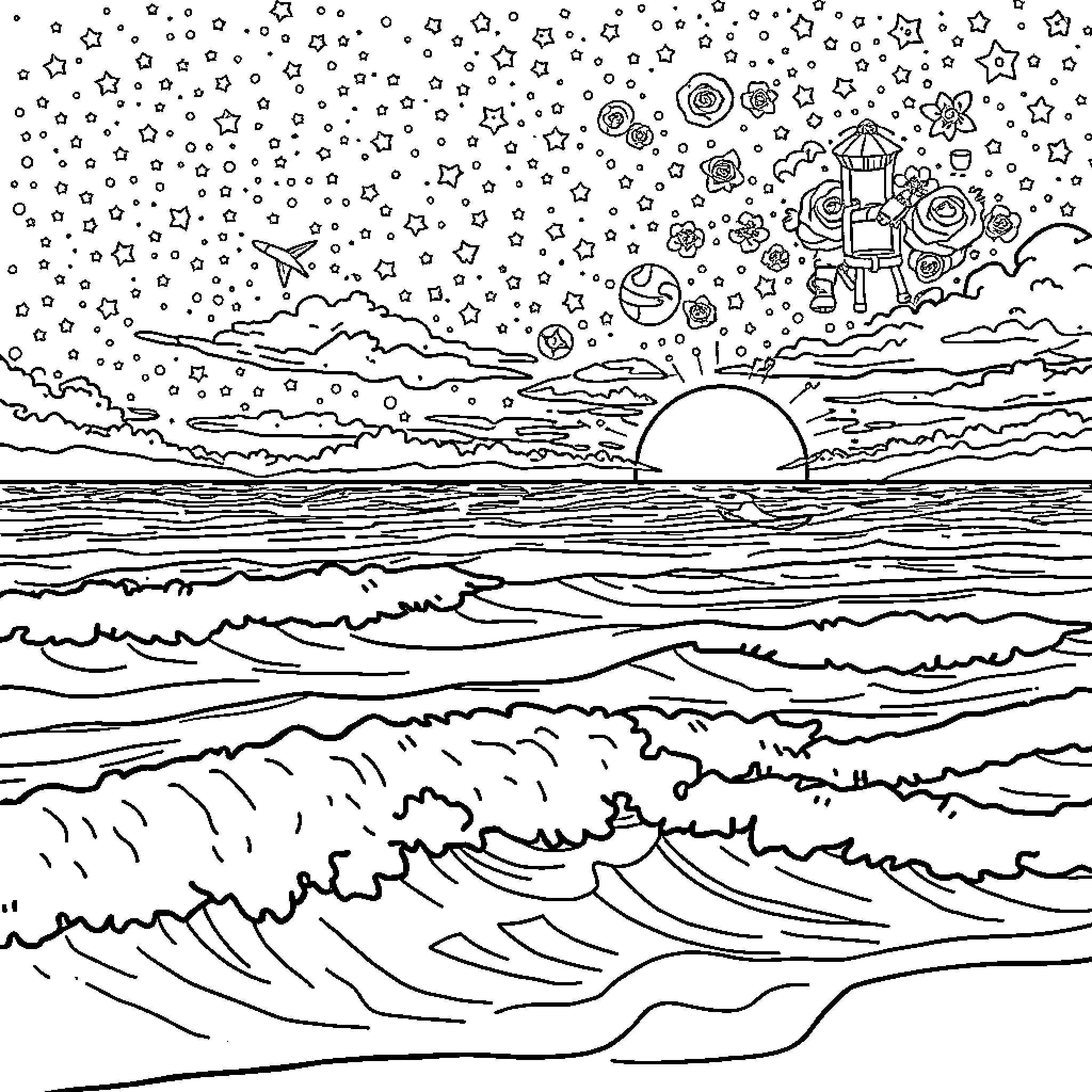 Marvelous Celestial Seascape at Dusk Coloring Page (free black-and-white line drawing printable PDF for all, from beginners to advanced learners, including children, teens, adults, and seniors)