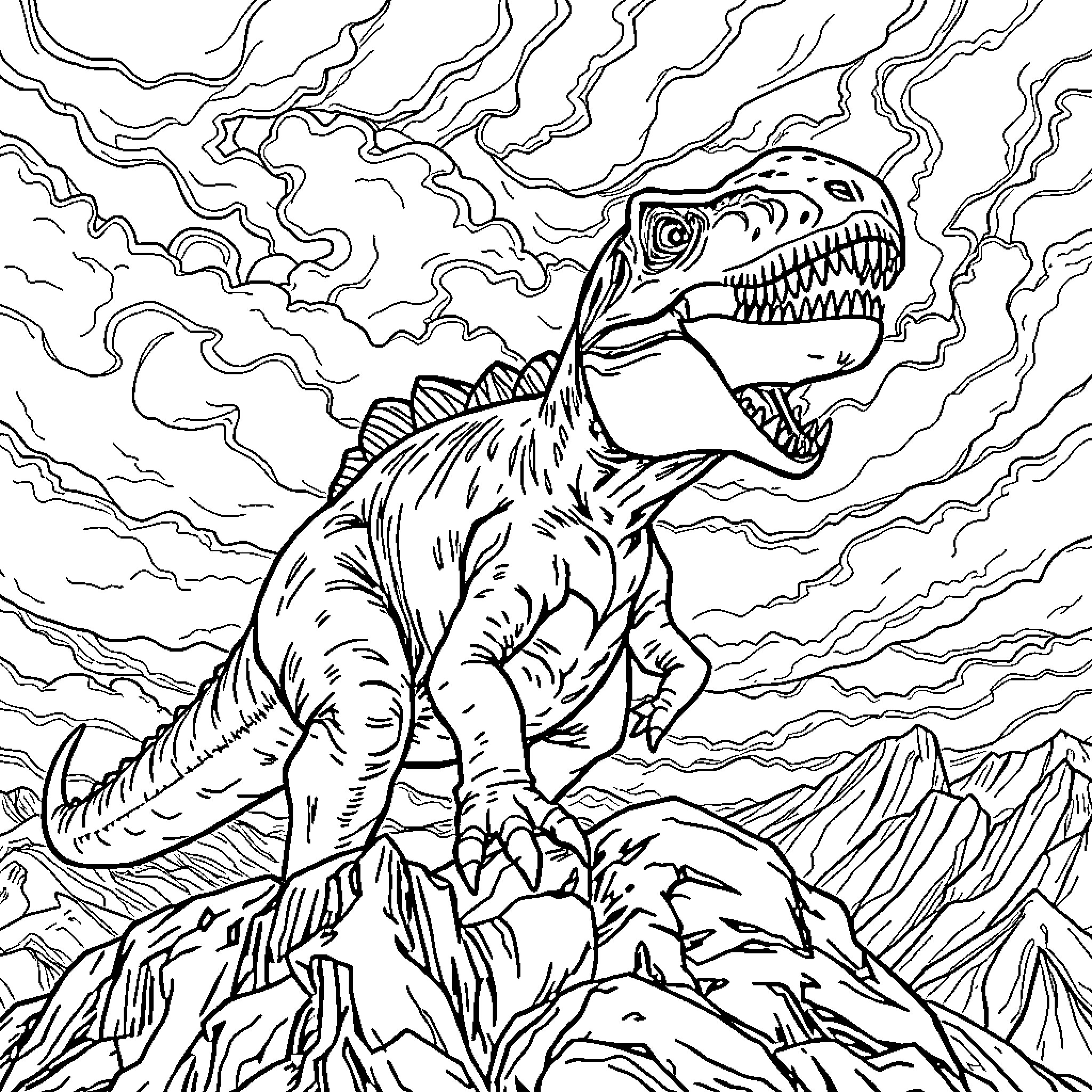 Giganotosaurus roaring in the prehistoric landscape Coloring Page (free black-and-white line drawing printable PDF for all, from beginners to advanced learners, including children, teens, adults, and seniors)