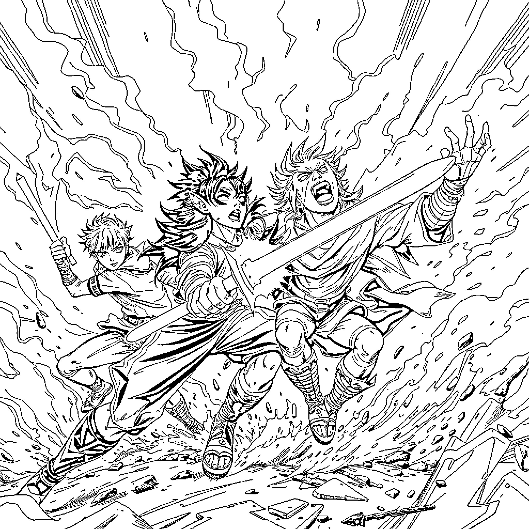 Demon Slayer Characters in Epic Battle Scene Coloring Page (free black-and-white line drawing printable PDF for all, from beginners to advanced learners, including children, teens, adults, and seniors)