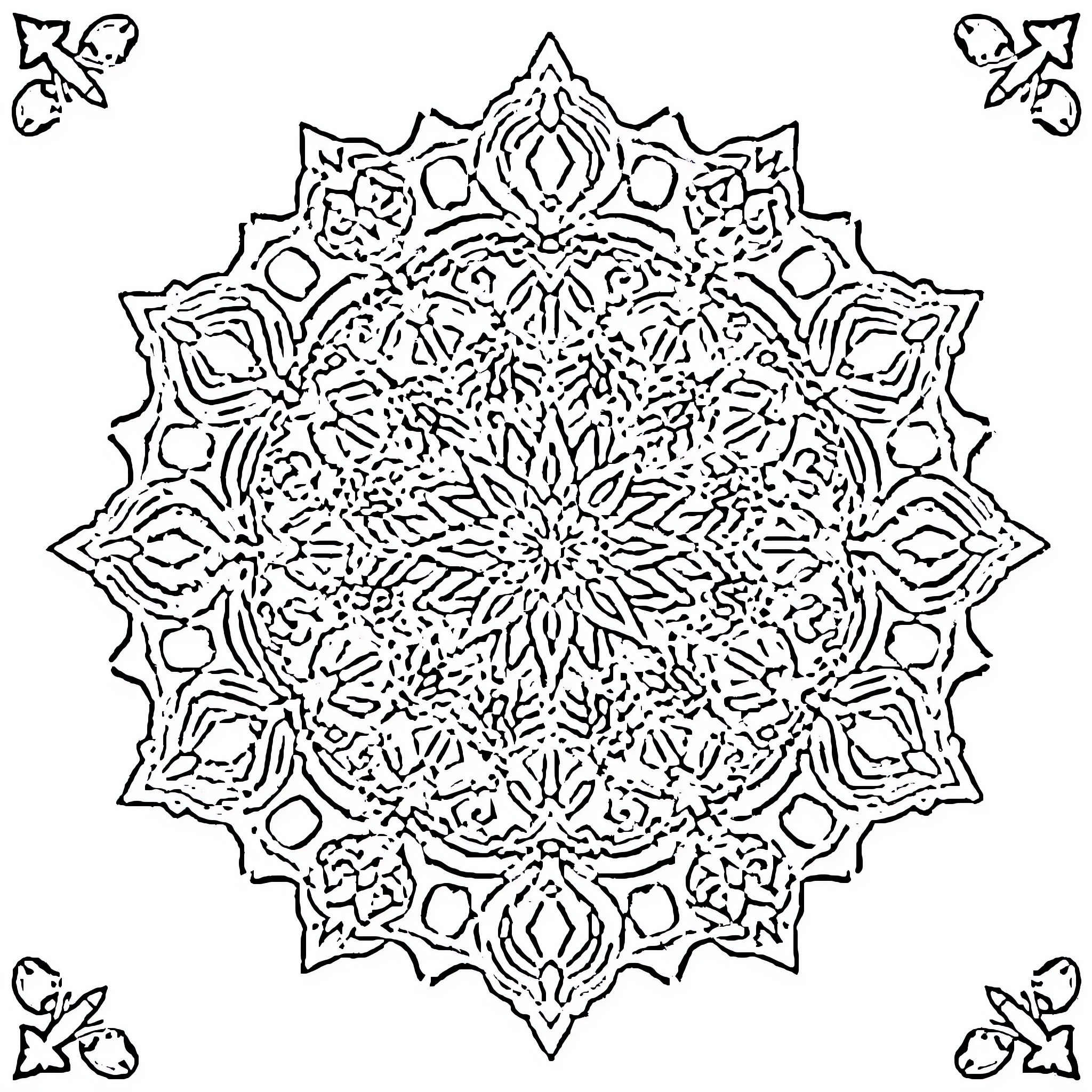 Mandala with intricate symmetrical pattern Coloring Page (free black-and-white line drawing printable PDF for all, from beginners to advanced learners, including children, teens, adults, and seniors)