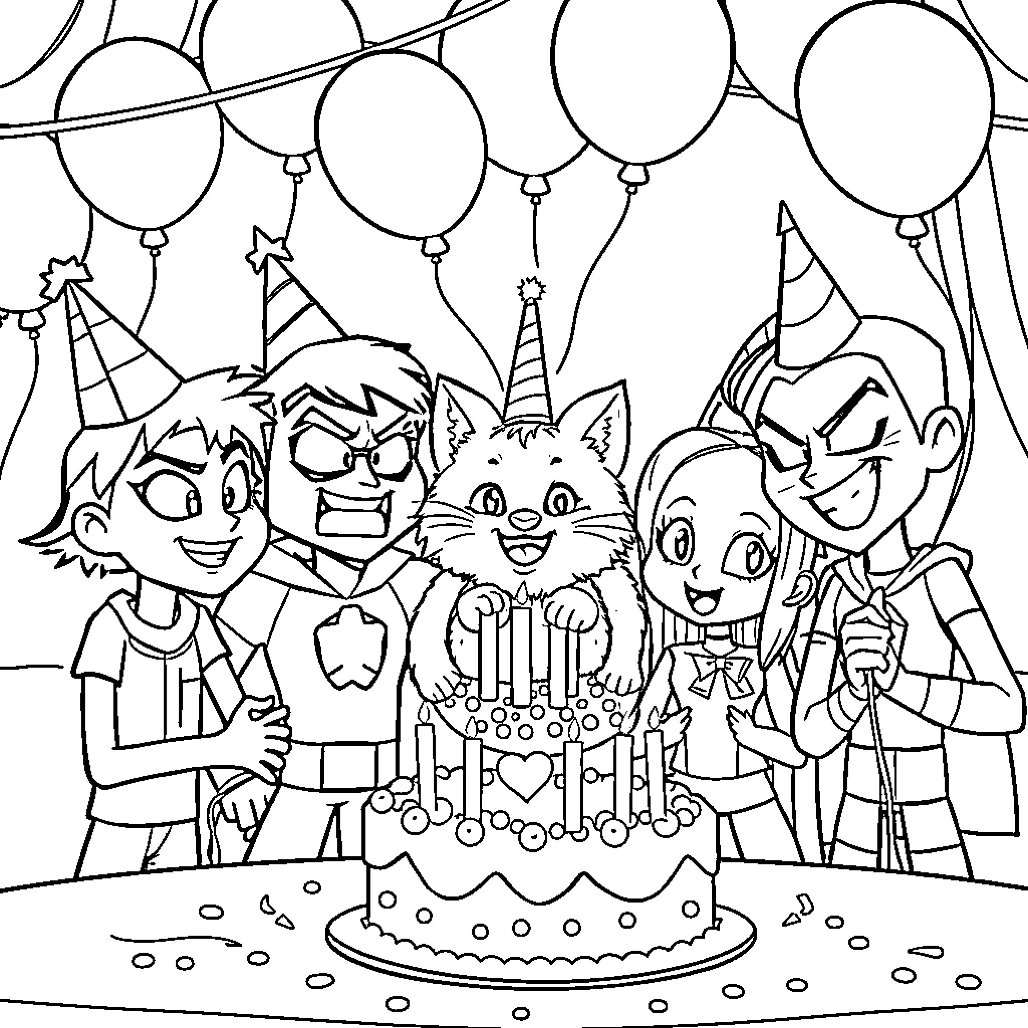 Teen Titans' Birthday Party Celebration Coloring Page (free black-and-white line drawing printable PDF for all, from beginners to advanced learners, including children, teens, adults, and seniors)