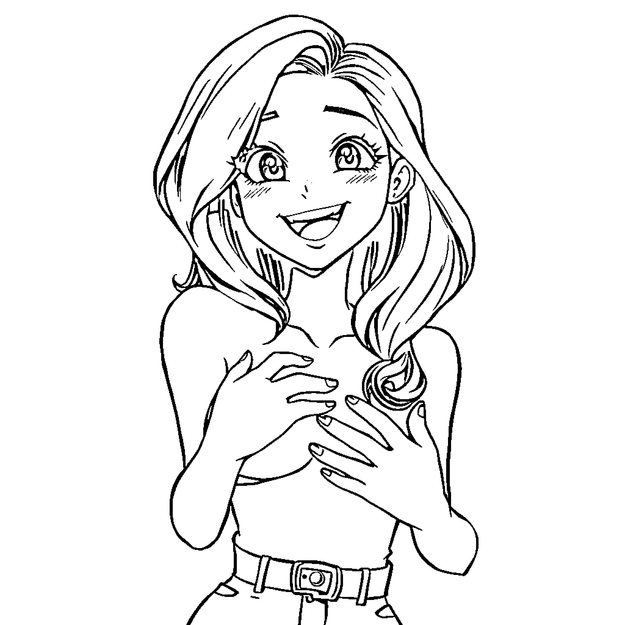 Nami smiling joyfully in animated style Coloring Page (free black-and-white line drawing printable PDF for all, from beginners to advanced learners, including children, teens, adults, and seniors)