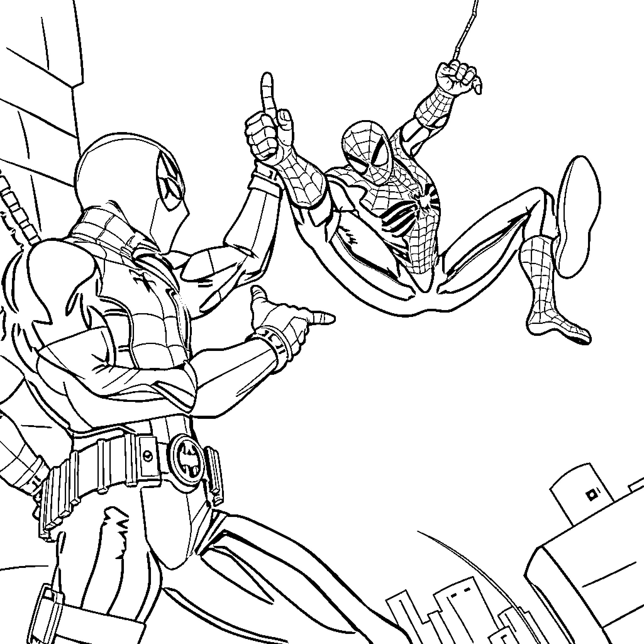 Deadpool and Spider-Man in action-packed adventure Coloring Page (free black-and-white line drawing printable PDF for all, from beginners to advanced learners, including children, teens, adults, and seniors)