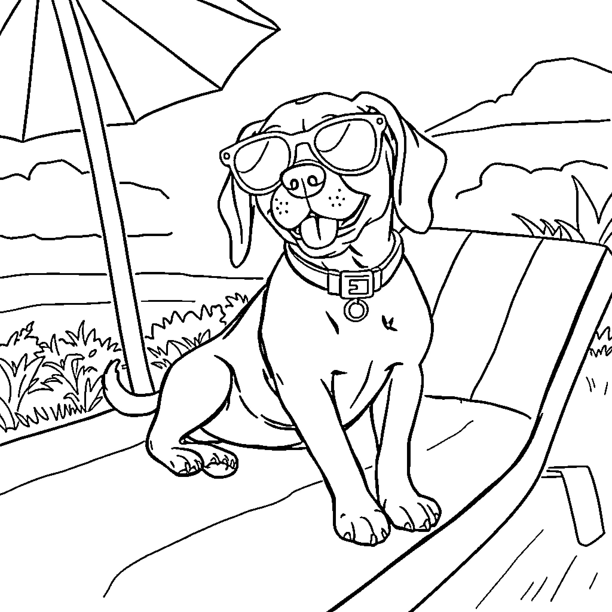 Beagle enjoying the sun on the beach Coloring Page (free black-and-white line drawing printable PDF for all, from beginners to advanced learners, including children, teens, adults, and seniors)
